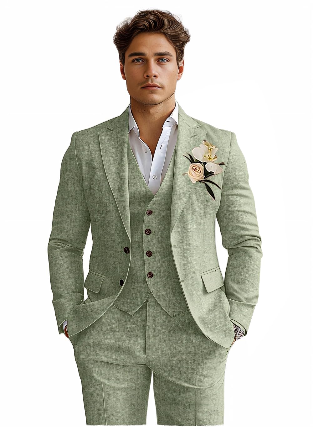 Linen Mens Suits 3 Piece Slim Fit