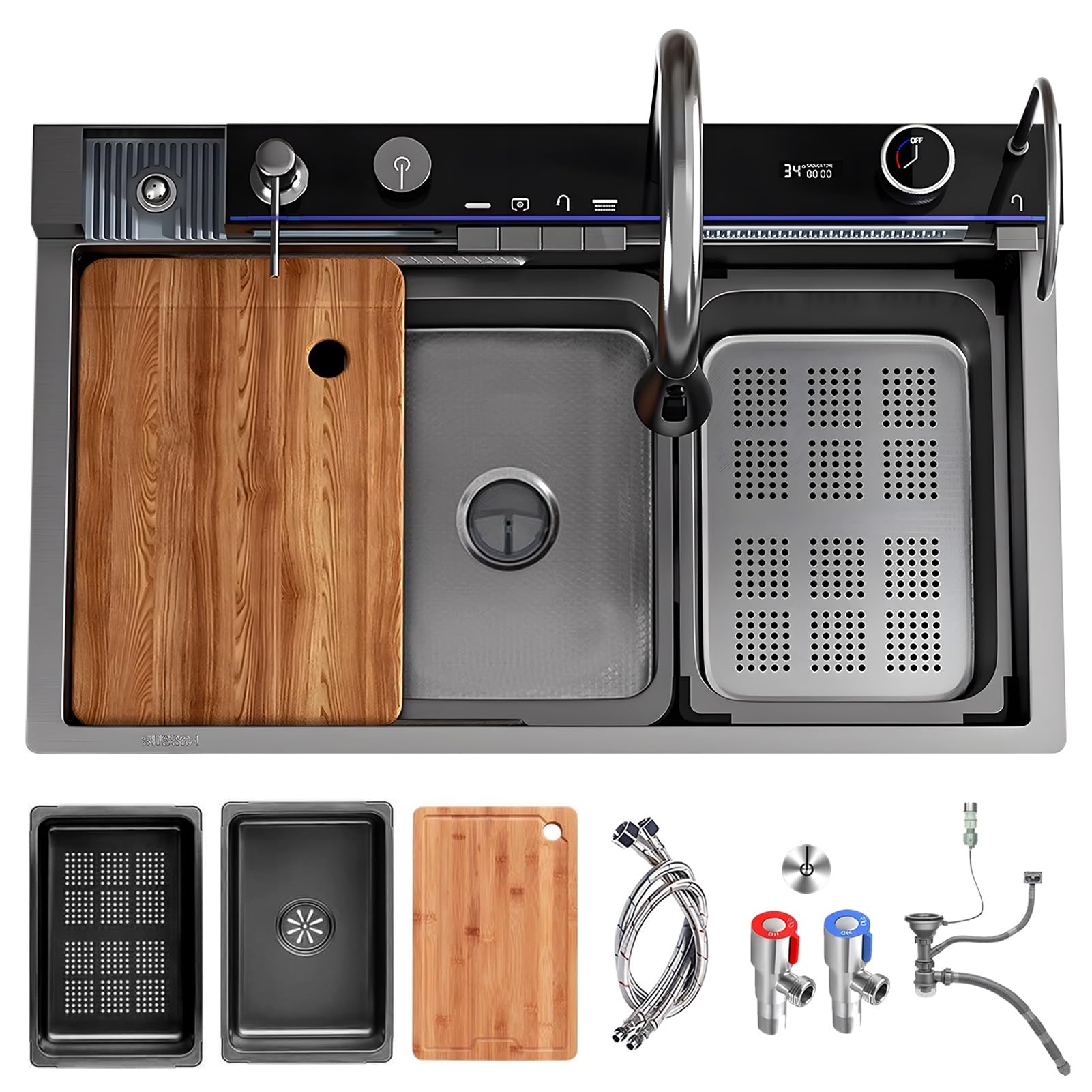 ZQFHSX Large Workstation Kitchen Sink, Nano Stainless Steel Waterfall Smart Bar Sink With Pull-Out Faucet, Cup Washer, Drain Kits, Drop In Single Bowl Farmhouse Sink(Black,75x46x22cm)