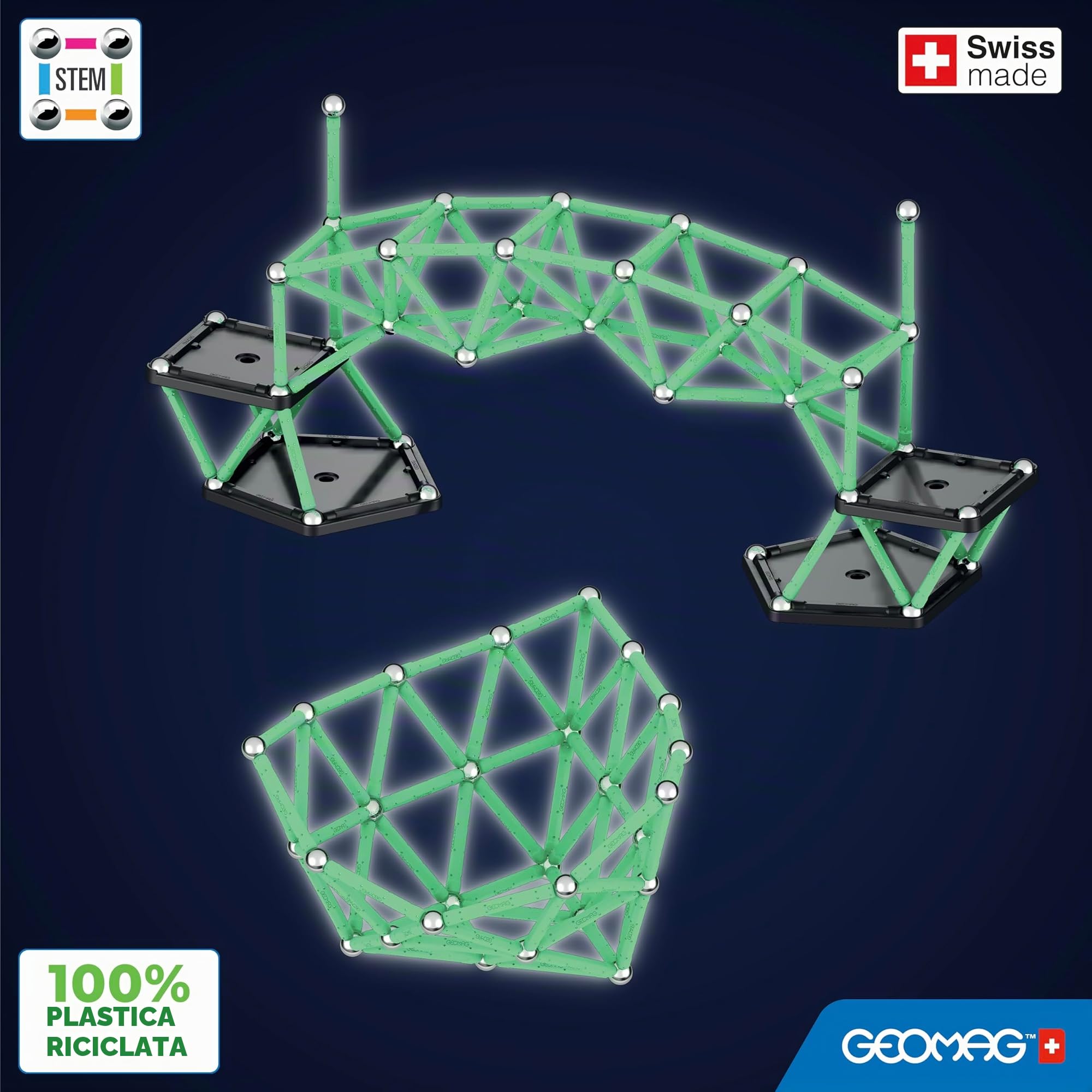 Geomag, Glow Recycled, Costruzioni Magnetiche Effetto Glow, Barrette Magnetiche che si Illuminano al Buio, Confezione da 142 Pezzi, Plastica 100% Riciclata