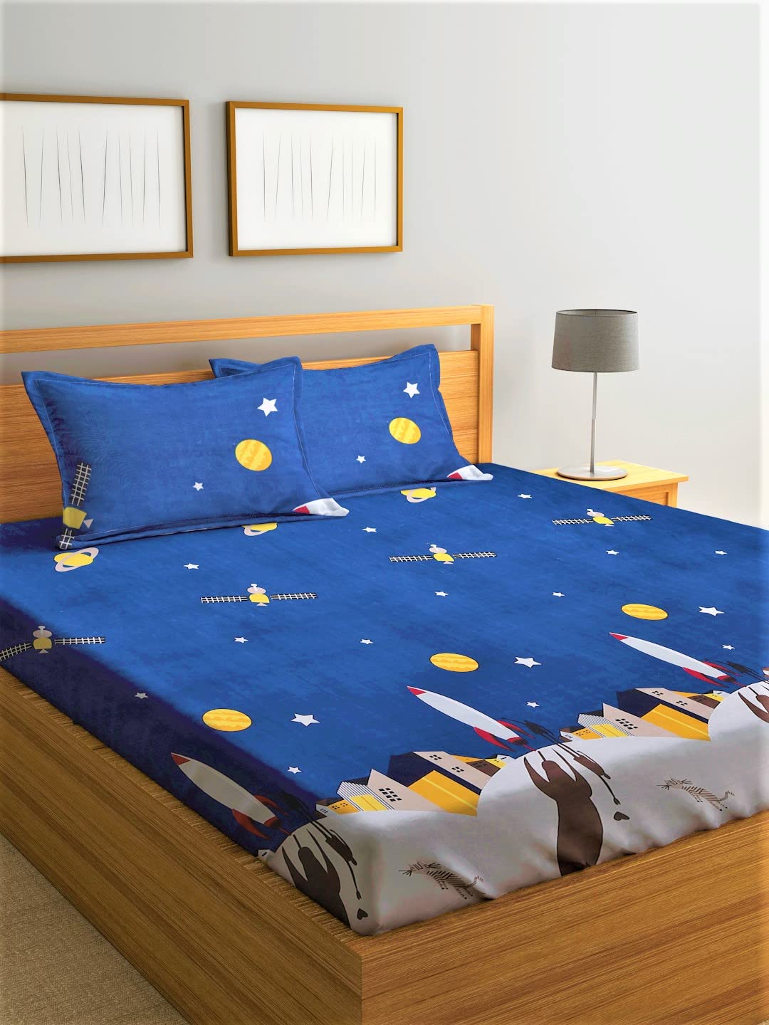 Home Sizzler 144 TC Microfibre Kid's Galaxy Elastic Fitted Double Bedsheet (72X78 inch) with 2 King Size Pillow Covers