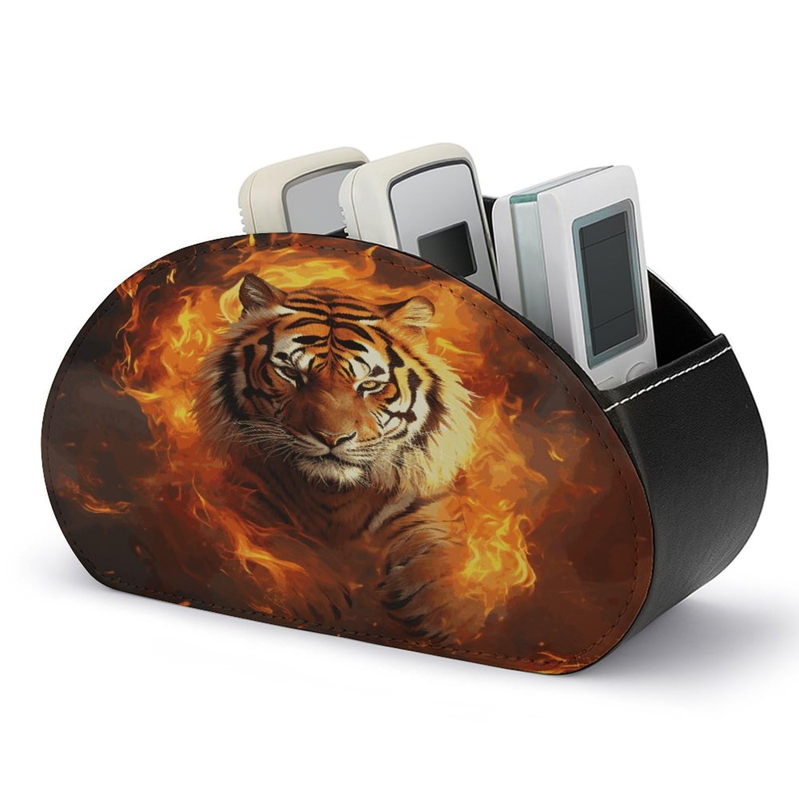 FekiLoot Cool Tiger in Flame Remote Control Holder with 5 Compartments Multi-functional TV Remote Caddy Organizer Leather TV Remote Holder Desktop Organizer Store for Bedside Table Office Desk