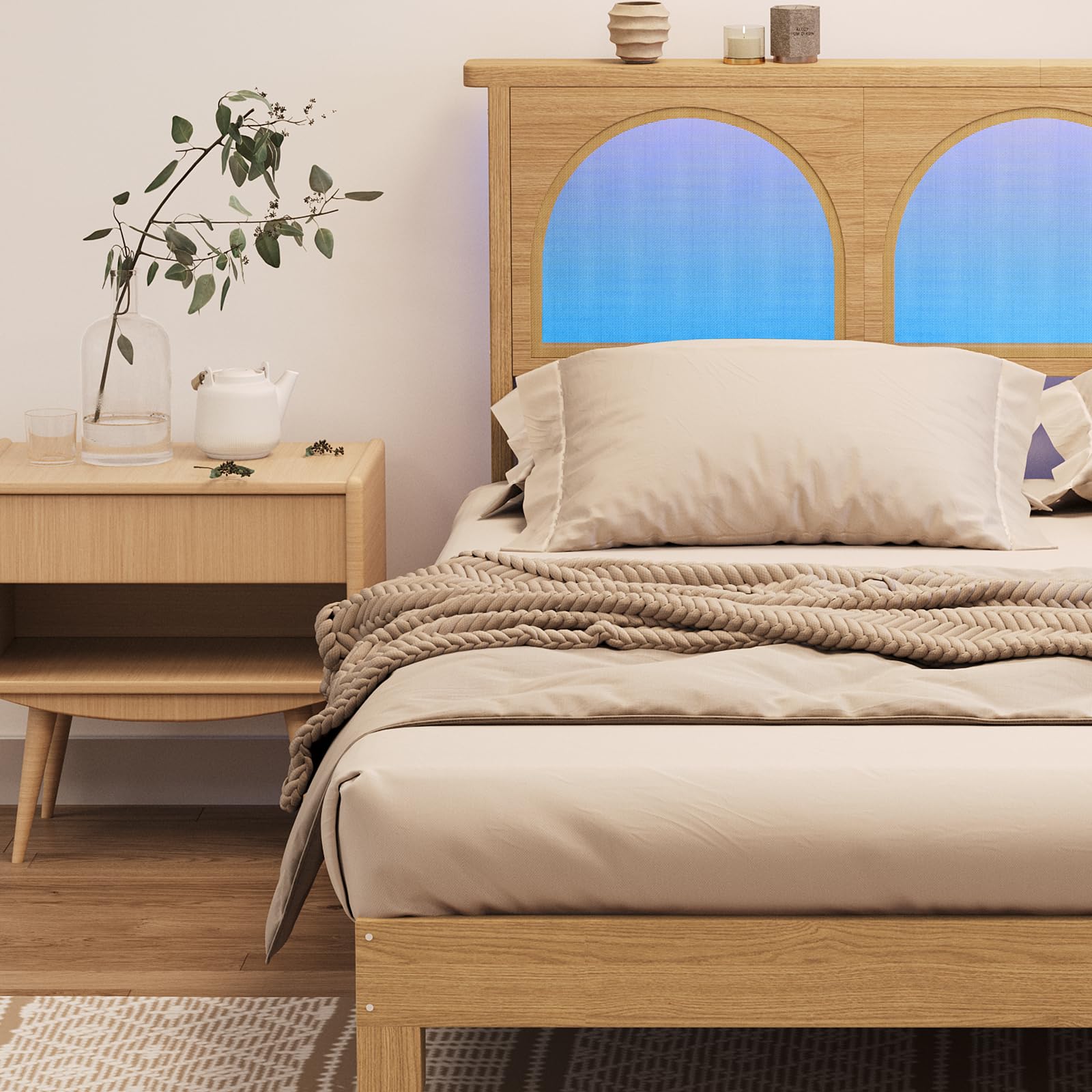 Full Boho Rattan Bed Frame with RGB LED Headboard & Underbed Storage - Solid Wood Platform, Silent Slats, No Box Spring Needed, Easy Assembly