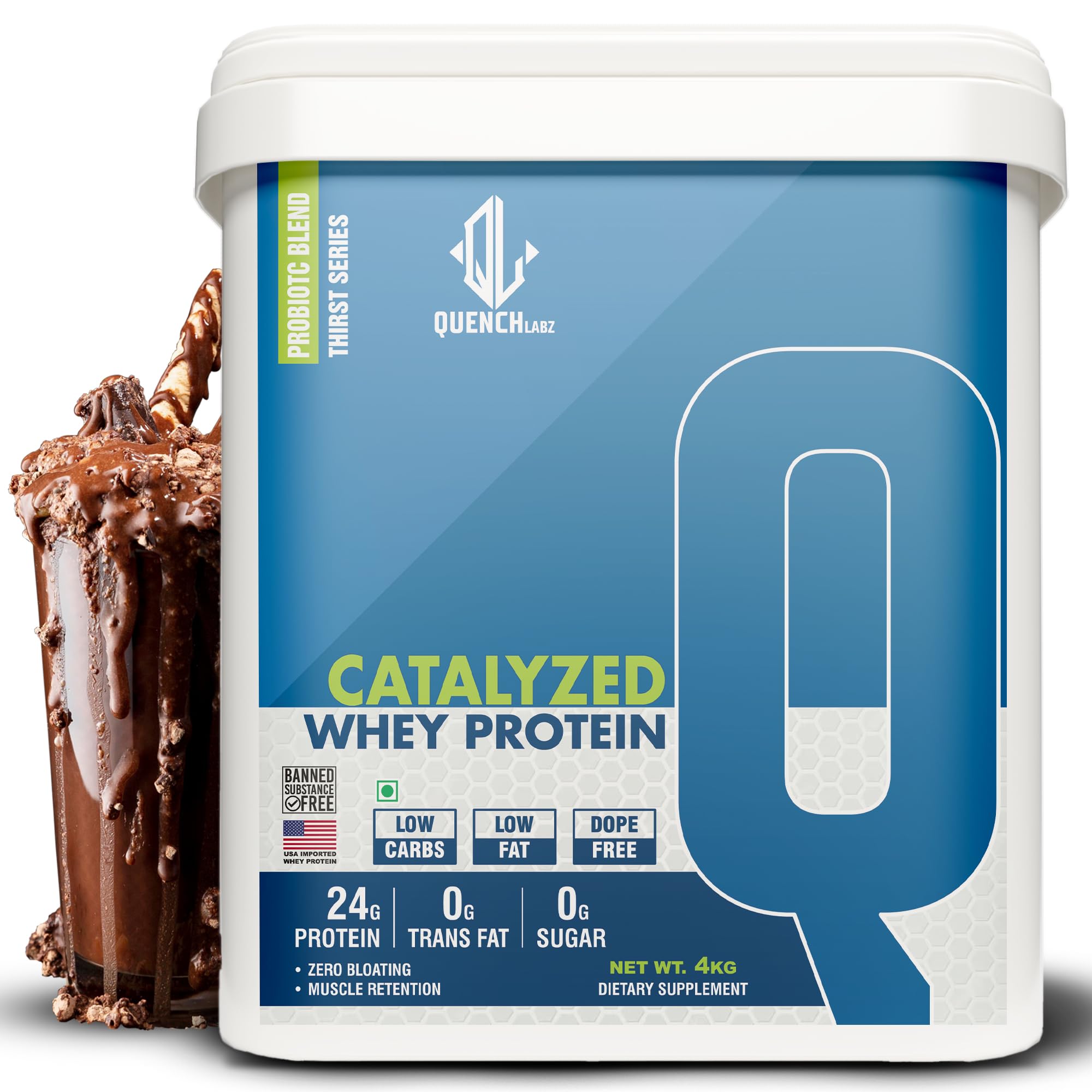 QUENCHLABZ CATALYZED WHEY PROTEIN | 24g Protein per Serving | Zero Sugar, Low Carb, Low Fat | Supports Muscle Growth & Recovery | Protein Powder for Men & Women | 4KG Chocolate Flavor