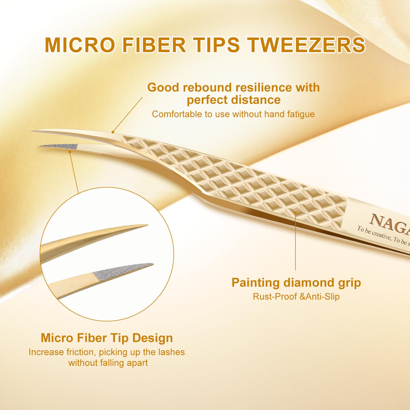 NAGARAKU Precision Fiber Tip Grip Tweezer for Eyelash Extensions Diamond Handle Anti-Static Anti-Slip Premium Gold Stainless Steel Eyelashes Tweezers Supplies with Box(Dolphin Tweezer AG-05) - Image 3