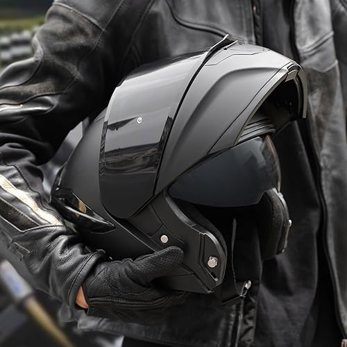 Miniatura 3 de Casco modular de motocicleta con doble visera, abatible, de cara completa, aprobado por el DOT, para adultos, hombres y mujeres (SJ-809 negro mate,