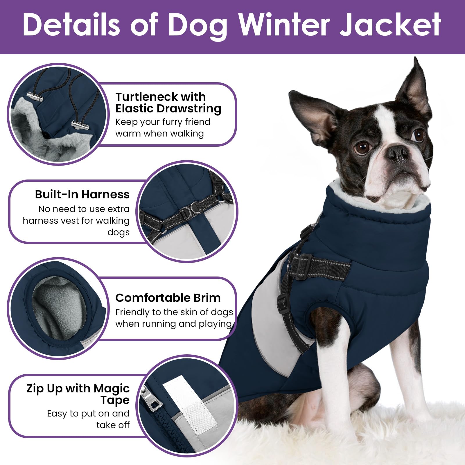 SUNFURA Chaqueta para perro, abrigo para perro grande con arnés integrado, chaqueta cálida de invierno para perro, abrigo de nieve con cremallera para perro con cuello peludo, chaquetas de forro polar