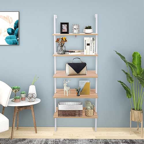 Miniatura 4 de Estante de escalera para montaje en pared, estantería de escalera de 5 niveles con estante de madera y marco de metal, estantes altos modernos de