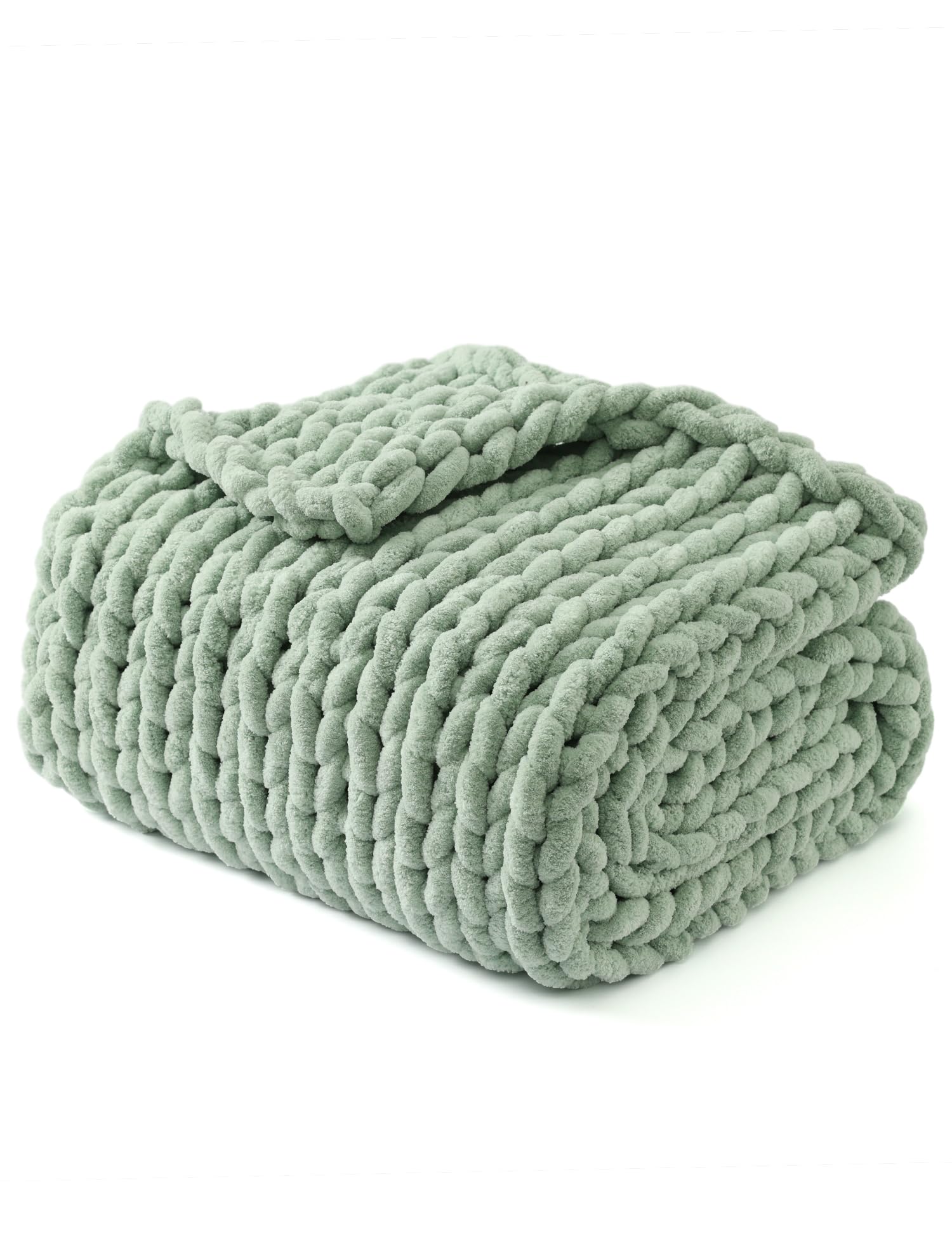 YnM Chunky Throw Blanket, Medium-Weight, Hand Knitted with Chenille Yarn, Skin Friendly, Ventilated and Breathable, Machine Washable, Home Décor Piece for Couch, Sofa and Bed (Sage Green, 40x50 Inch)