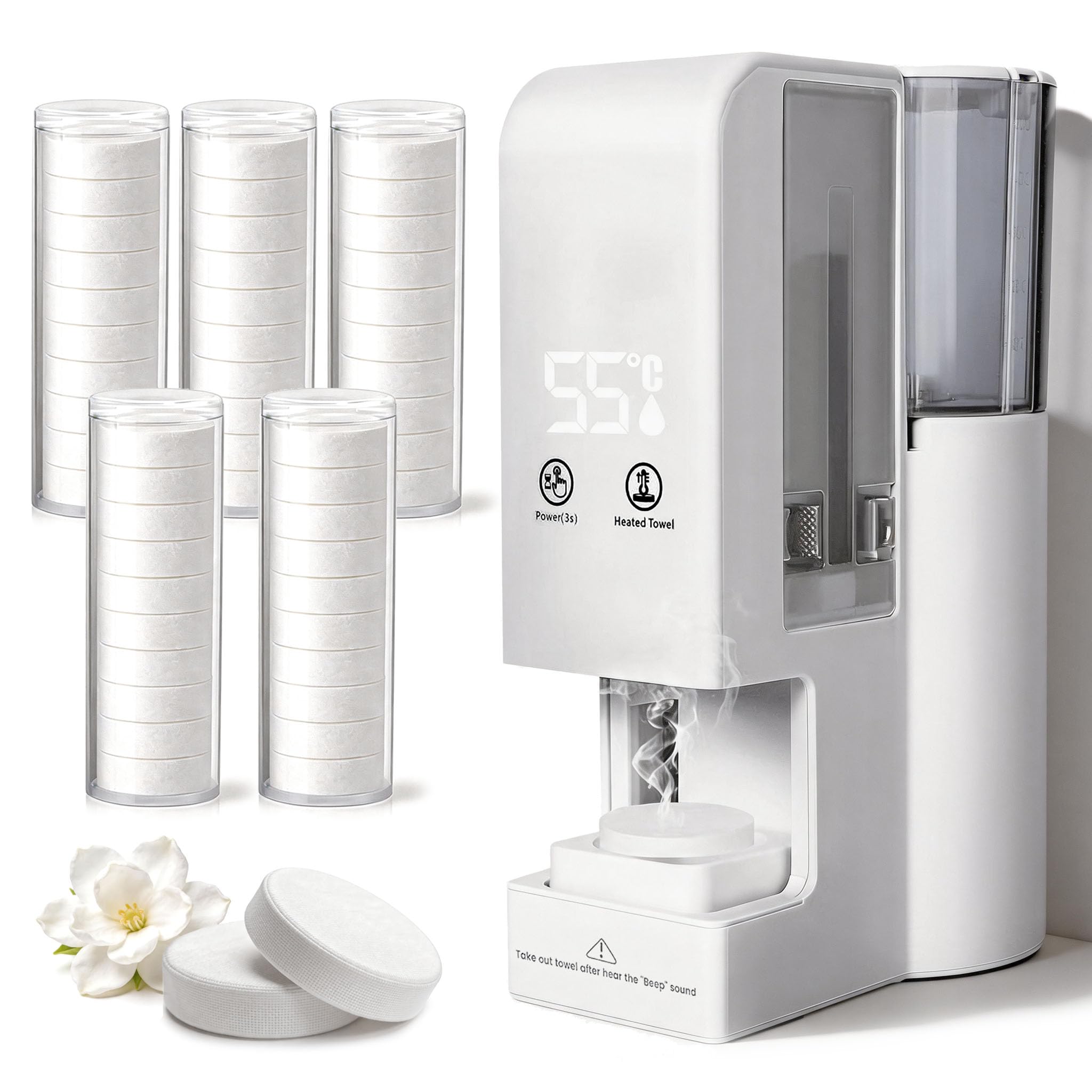 Scaldasalviette, Elettrico Riscaldatore per Asciugamani 55°C Scalda Salviette per Centri Estetici Spa e Casa con 500ml Serbatoio dell'Acqua e 100 Portatile Asciugamani Compressi
