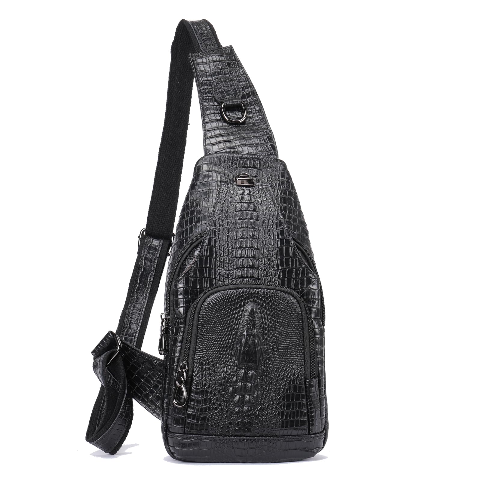 NIUCUNZH Crocodile Leather Sling Bag with Leather Strap 3 Zipper Crossbody Shoulder Bags for Travel Hike Everyday Carry