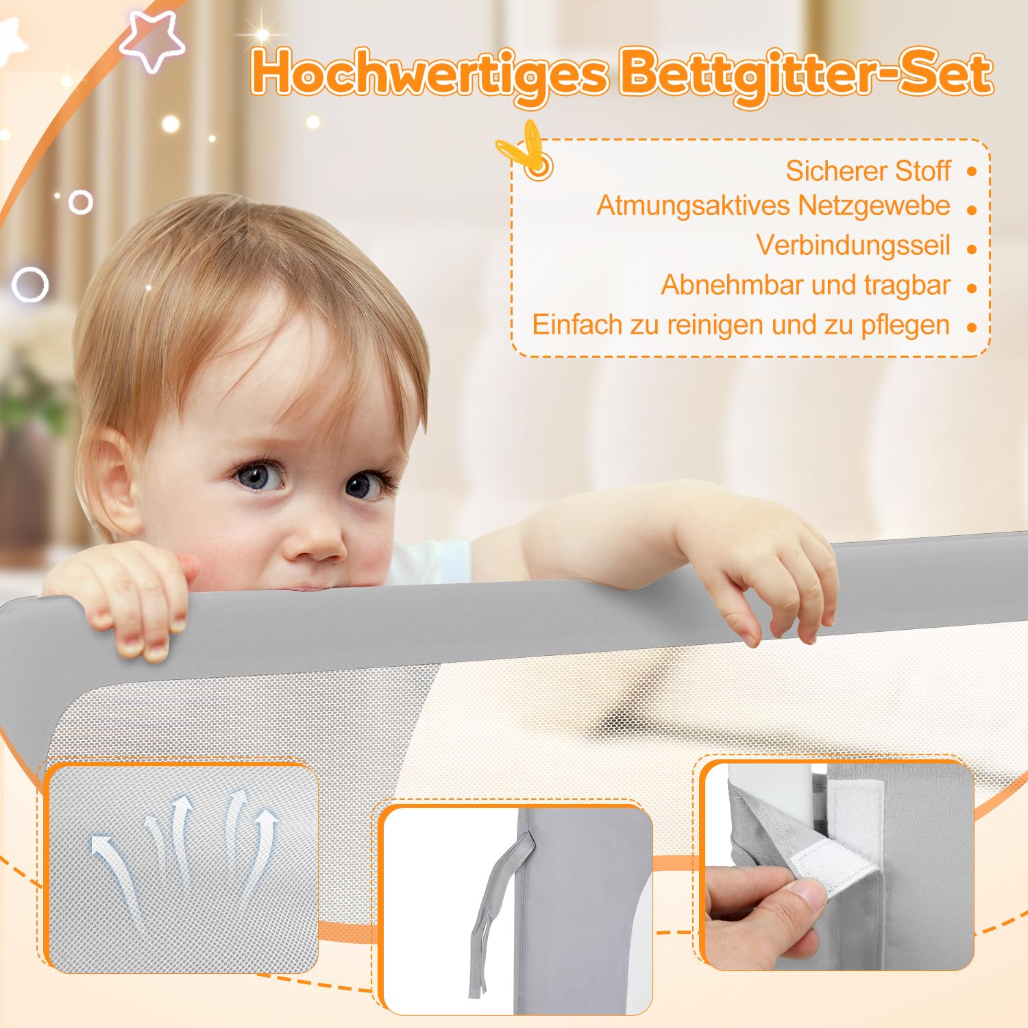 Rausfallschutz Bett, Rausfallschutz Boxspringbett, Bettgitter höhenverstellbar 72-86 cm, zusammenklappbar um 180 Grad (Grau, 200cm,1Seite)