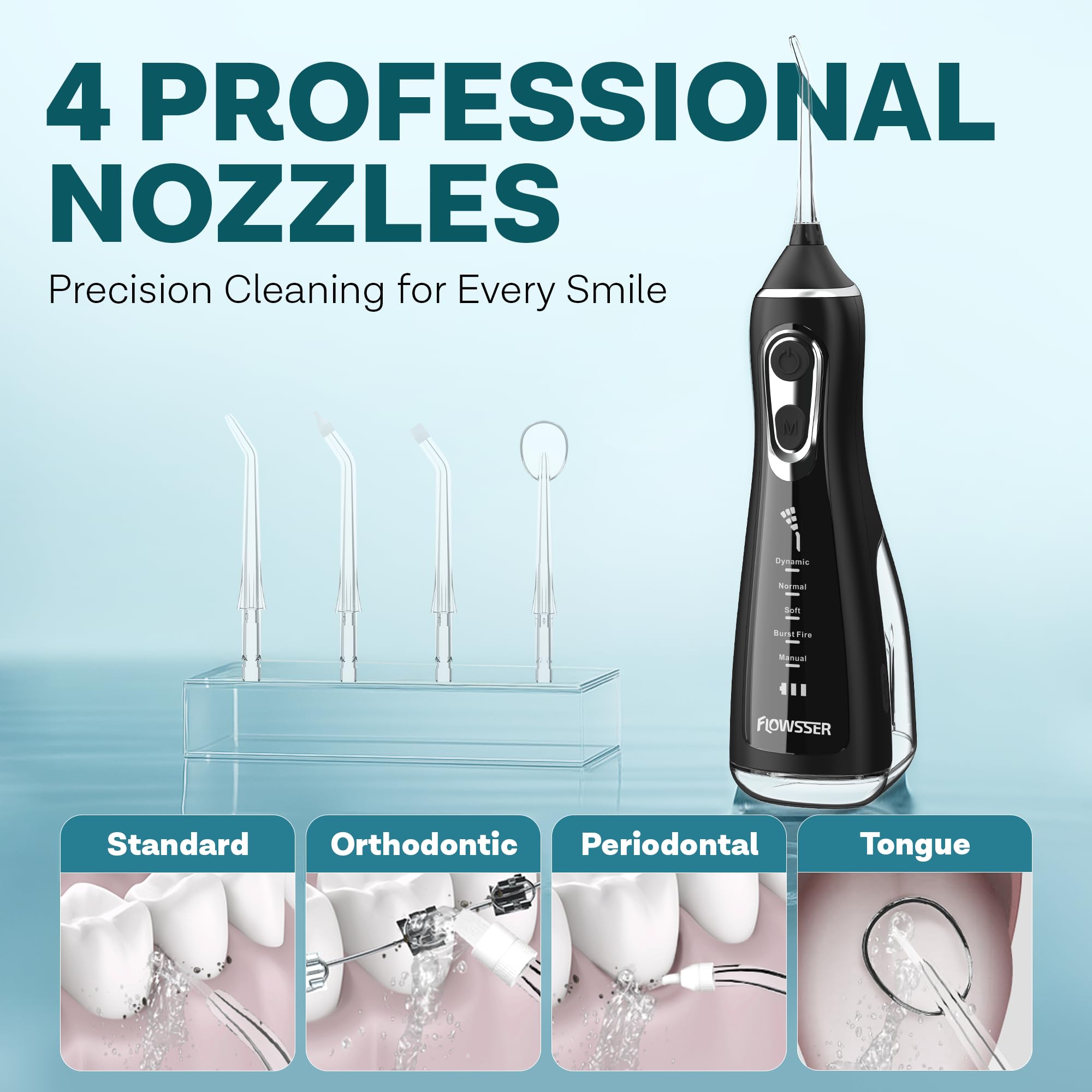 Idropulsore senza fili per denti, 5 modalità, 60 ~ 140 PSI, 8 punte, serbatoio da 300 ml, ricaricabile USB, impermeabile IPX7, irrigatore orale portatile per gengive, bretelle, tonsille, cure