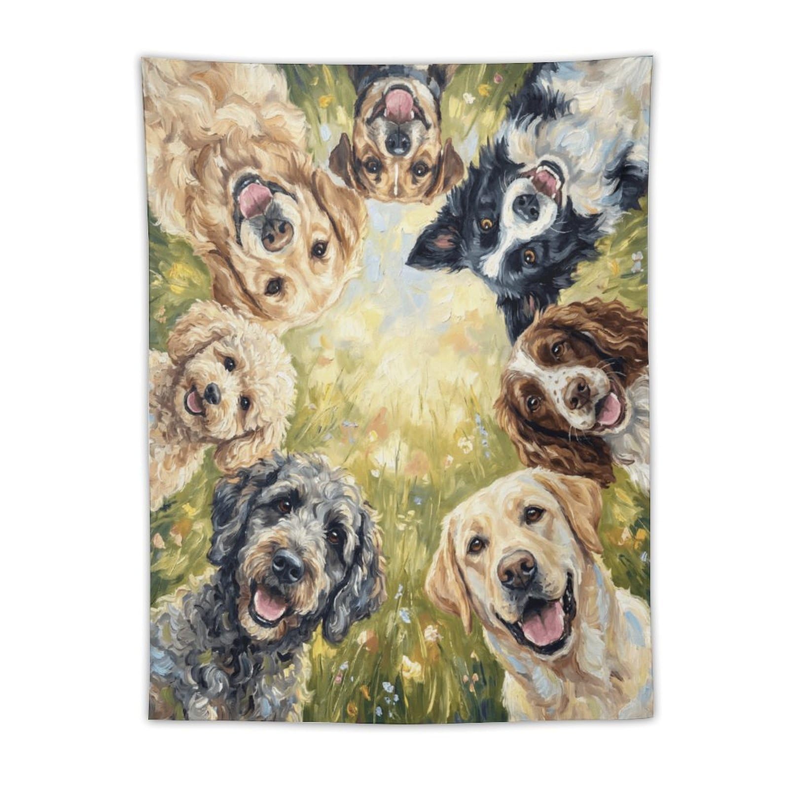 W7C8U2X3 Happy Dogs Wildflower Wall Tapestry, Realistic Illustration Style