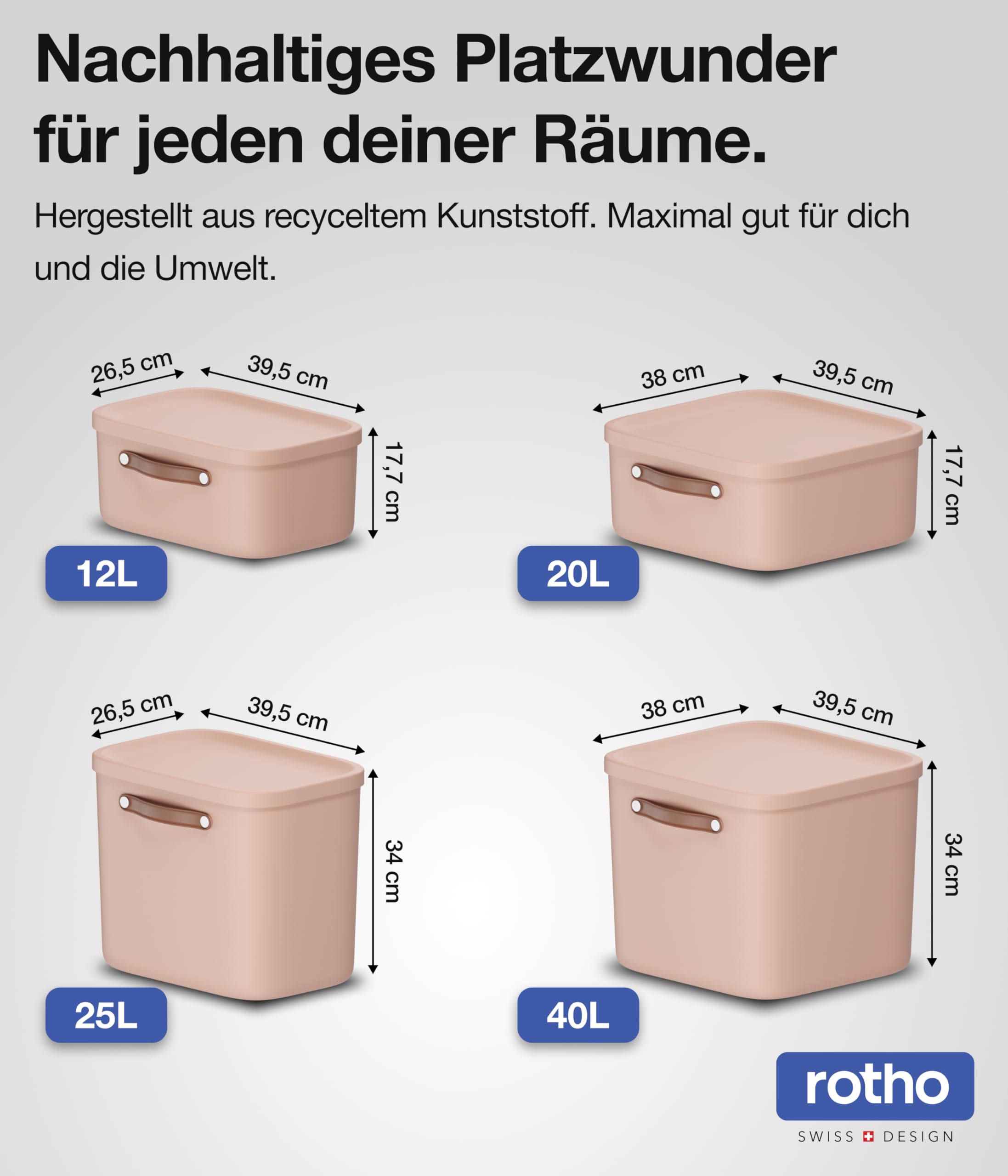 Rotho Maloja Aufbewahrungsbox mit Deckel 3 x 20 L stapelbar mit Griff Rosa | Aufbewahrungsboxen, stapelbar und modular, sicher verschließbar, Kunststoffbox mit Deckel, mit Trageriemen, pflegeleicht