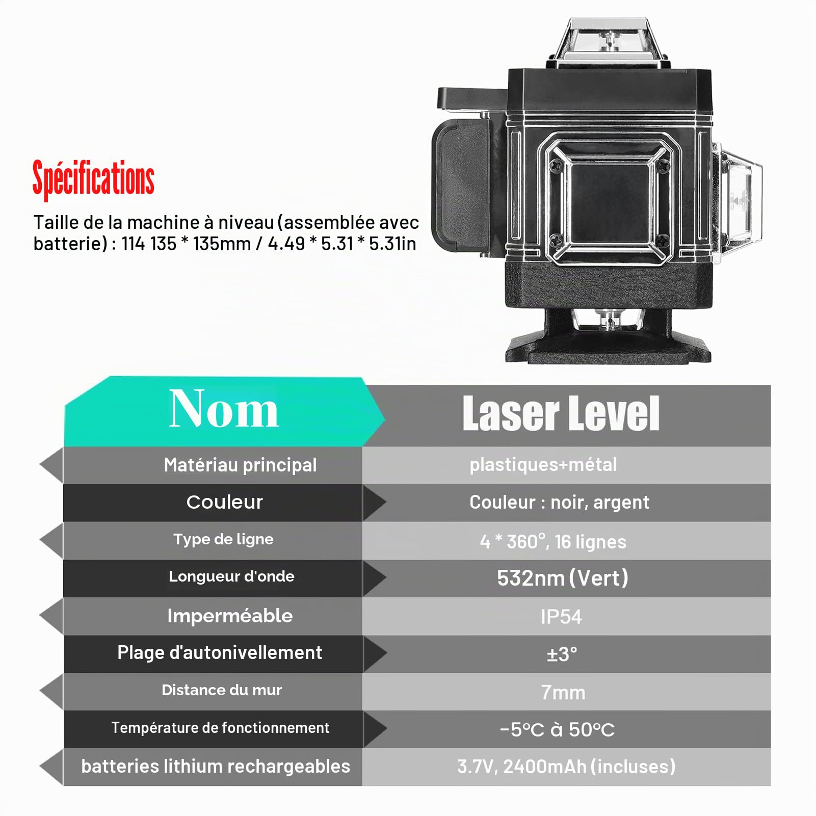 Weytoll Niveau laser 16 lignes 3° Machine auto-nivelante IP54 Ensemble d'outils d'amélioration de l'habitat étanche avec 2 batteries au lithium rechargeables Trépied réglable en hauteur de 1,2 m