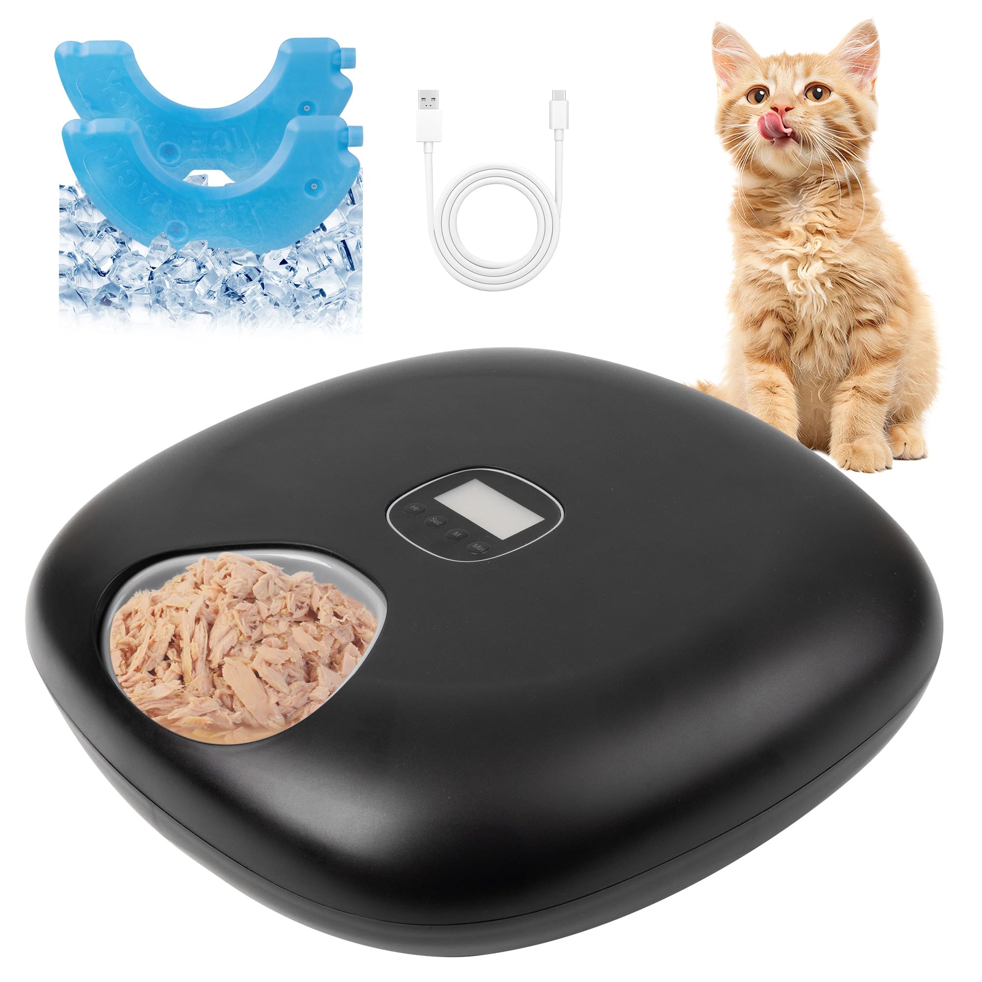 PetPrime 6-Meal Automatic Cat Feeder with Two Ice Packs,Cordless Rechargeable Cat Food Dispenser for Cats and Small Dogs Wet Food Auto Pet Feeder Black