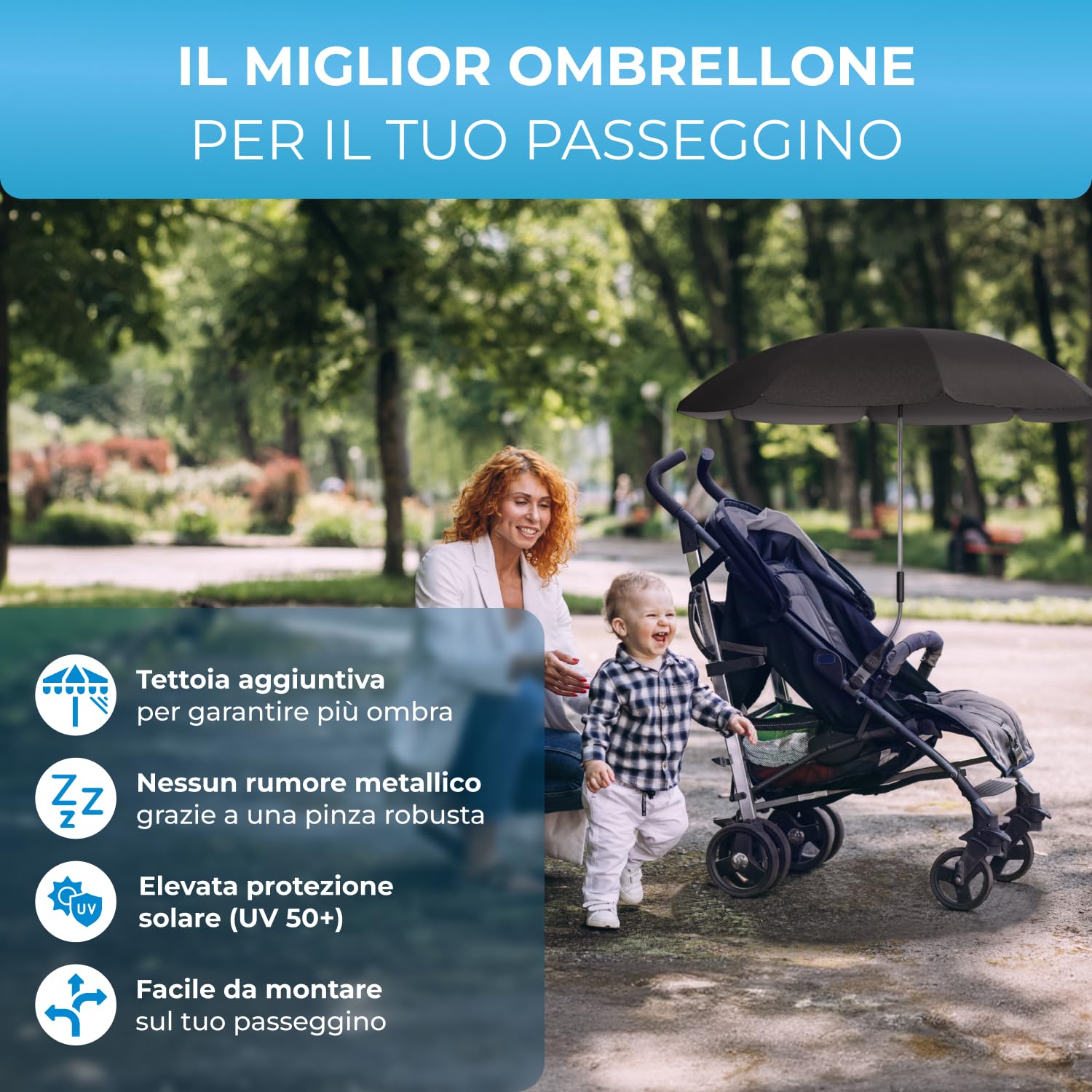 STYNGARD Ombrellino Passeggino UV 50+ 70 cm con Supporto Universale Modello ROMA
