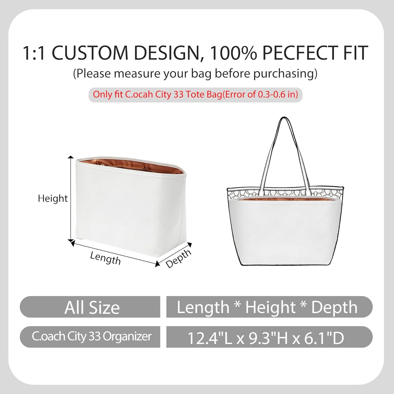Laptop Sleeves Purse Organizer Insert for Coach City Tote 33, Lightweight Dupont Paper Tote Bag Organizer Storage Dividers with Cup Holder, 7 Pockets Bag Insert with Zipper,White-Brown