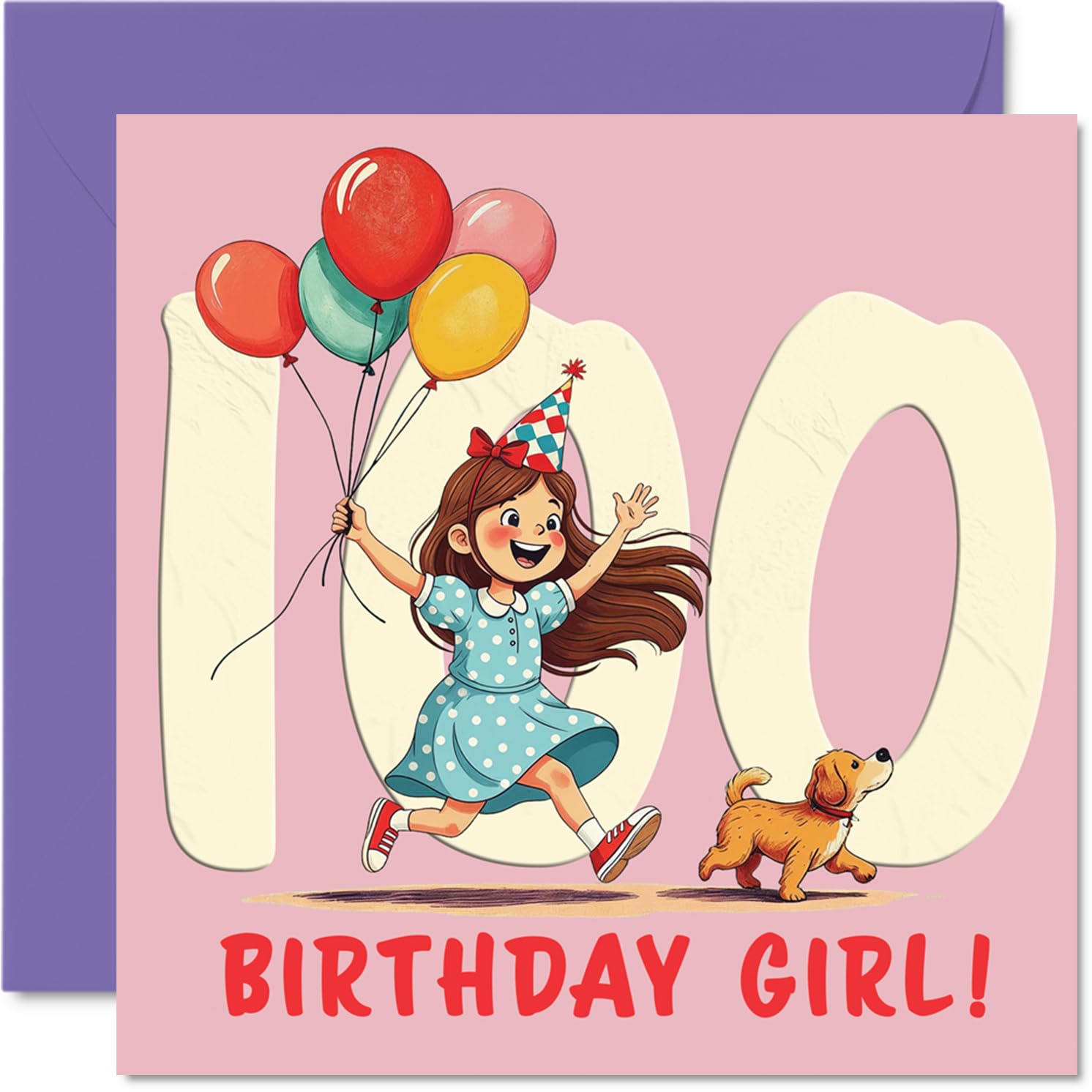 100th Birthday Cards for Women - Balloon Girl - Happy Birthday Card for 100 Year Old Woman Grandma Auntie Gran Wife, 145mm Bday Greeting Cards