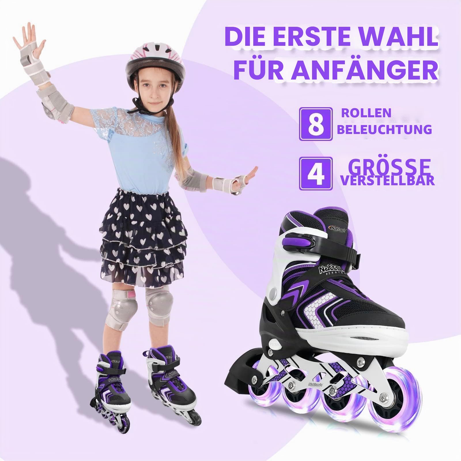Nattork Inliner für Kinder Verstellbare Inline Skates, 4 Größen Kinder Inline Roller Skates mit Beleuchteten, Kinder Inliner Rollschuhe für Anfänger