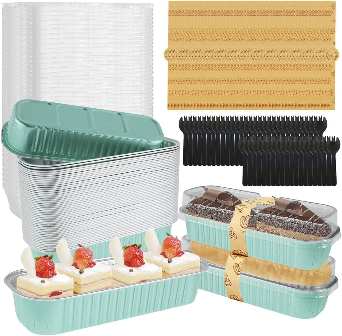 50 Pack Mini Loaf Baking Pans with Lids and Spoons, 6.8oz Mini Cake
