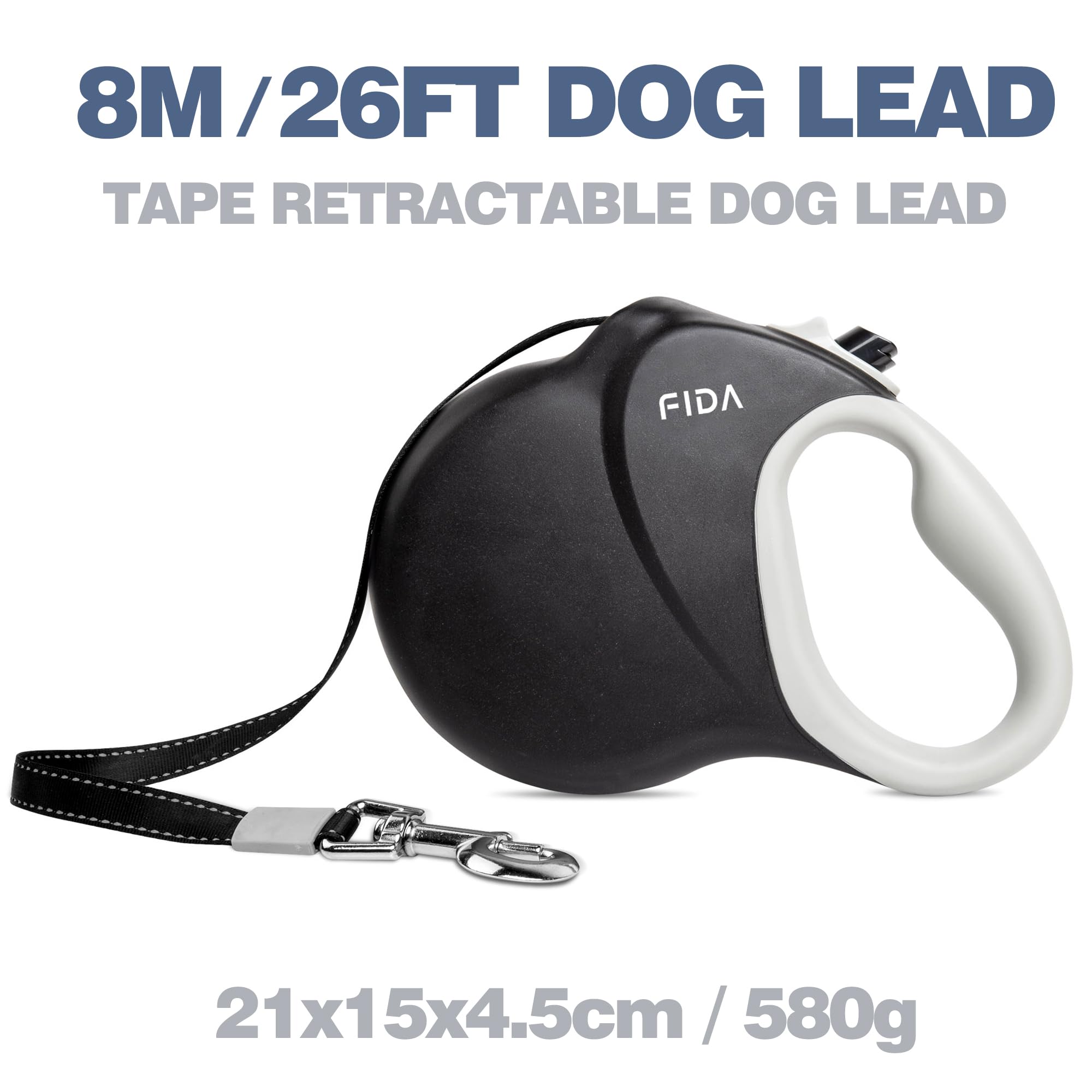 Fida 8m/2,6FT smycz dla psa, rolowana, antysplątaniowa smycz dla średnich/dużych psów, wytrzymała smycz dla psów do 50kg/110lbs, model 2025, kolor czarny