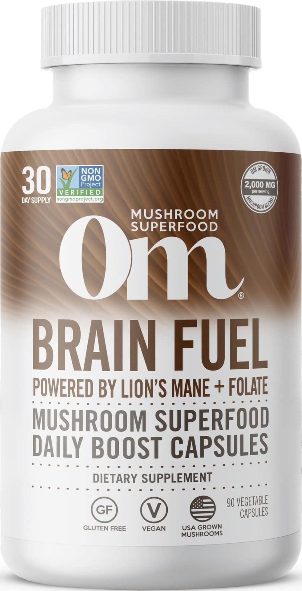 OM MUSHROOM SUPERFOOD Brain Fuel Mushroom Powder Capsules Superfood Supplement, 90 Count, 30 Days, Lion's Mane, Reishi Blend Plus Folate, Mental Clarity, Mushroom Supplement