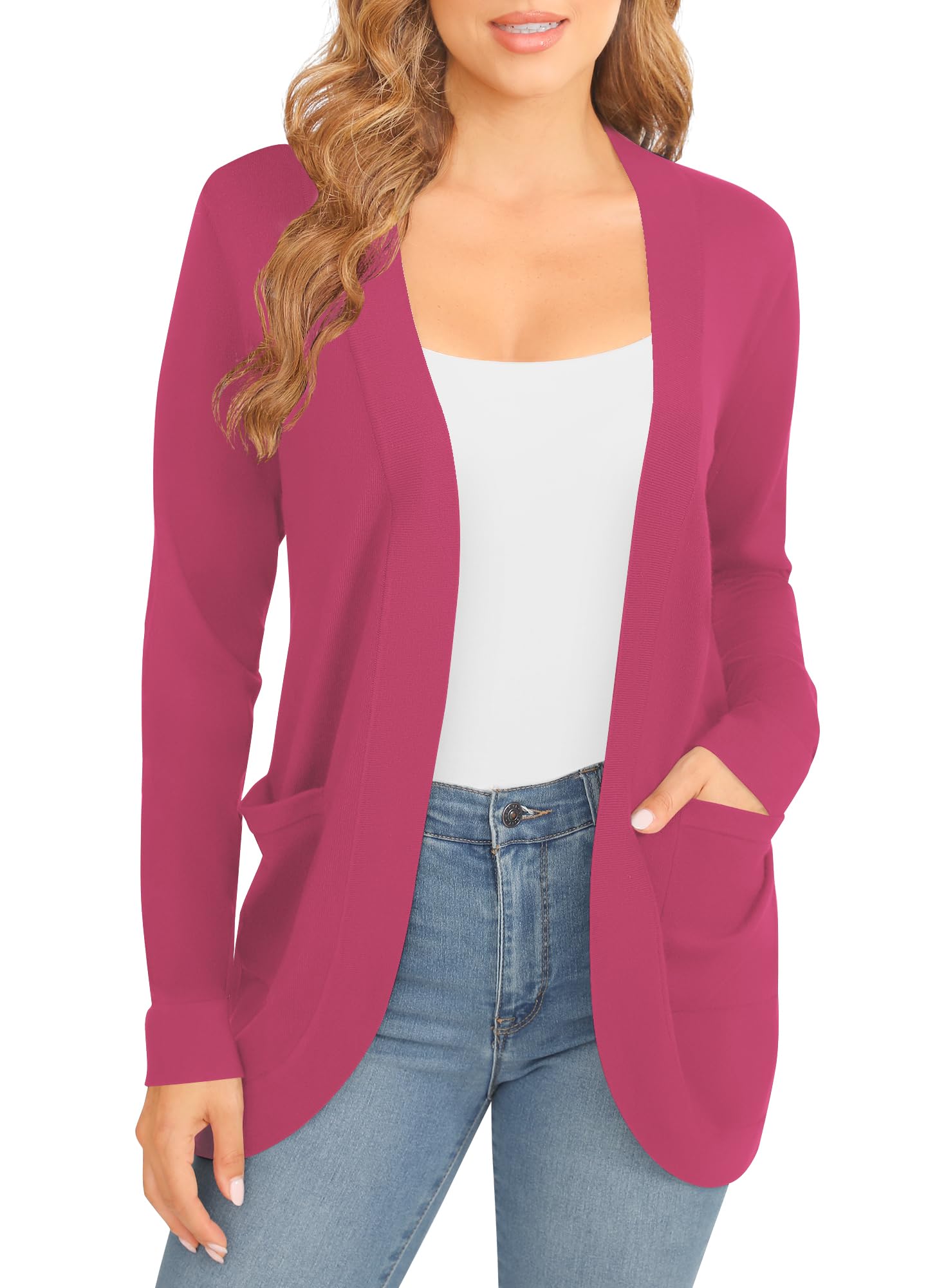 EXCHIC Femmes élégant Léger Manches Longues Cardigan Ourlet Incurvé Front Ouvert Jersey Tricot Pulls avec Poches