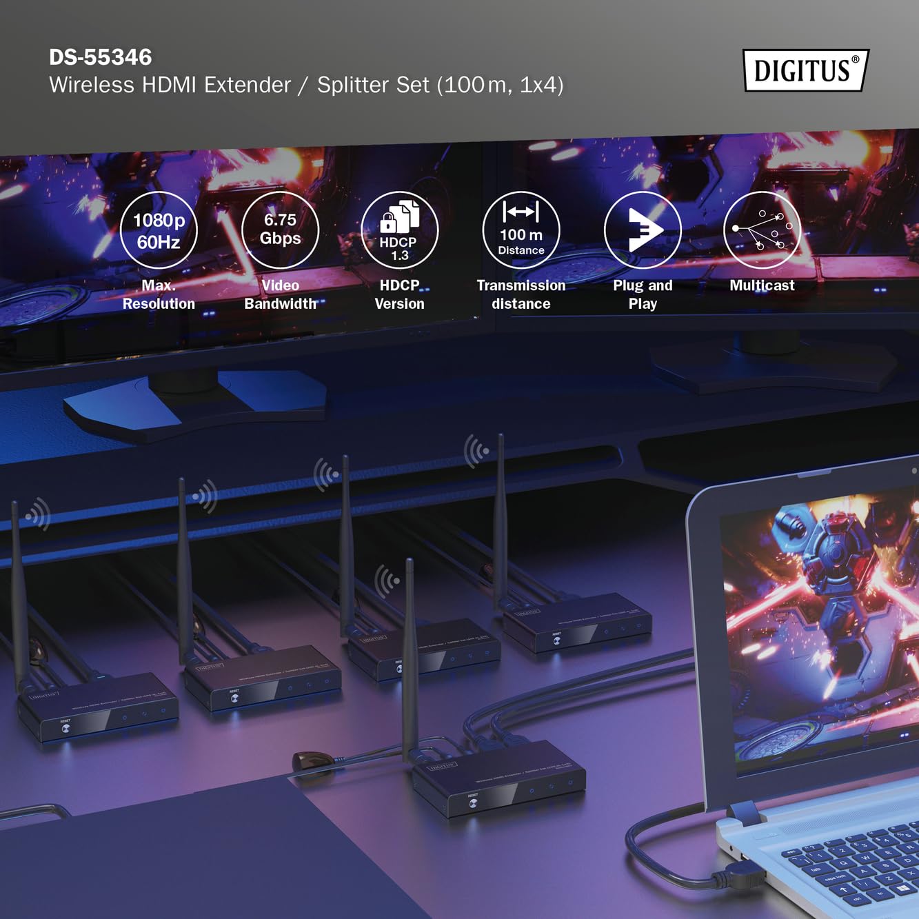 DIGITUS Wireless HDMI Extender Splitter (1x4) – Full HD 1080p 60 Hz | 100 m Reichweite – Set aus Transmitter und Receiver – Loop-Out, IR Infrarot – HDMI 1.4 HDCP 1.3