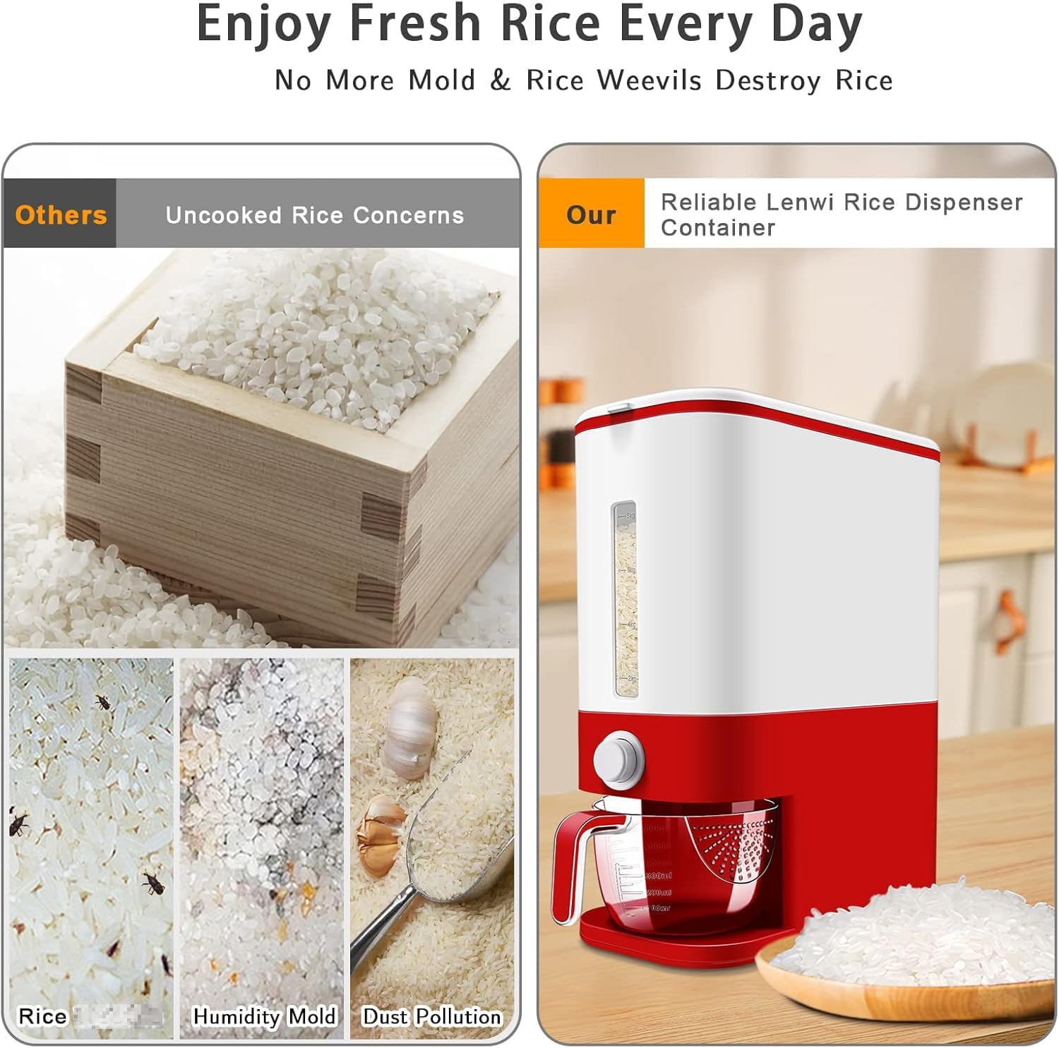 22-25 Lbs Rice Dispenser, Large Cereal Dry Food Storage Containers with Measuring Cup, BPA-Free Household for Kitchen Pantry Organization-Red