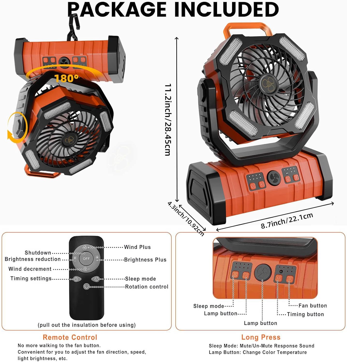 Portable Fan Rechargeable - 20000mAh Battery Powered Fan with LED Lantern Portable Outdoor Tent Fans with Remote,Hook,Timer, 4 Speeds for Camping Tent Bedroom Home Fishing Table