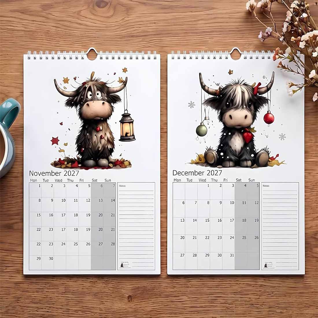 2027 Niedlicher Highland Cow Wandkalender mit Spiralbindung (3Stück) | 2027 Lustiger Highland-Kuh-Wandkalender, 12 monatliche Highland-Kuh-Designs für Kuhliebhaber