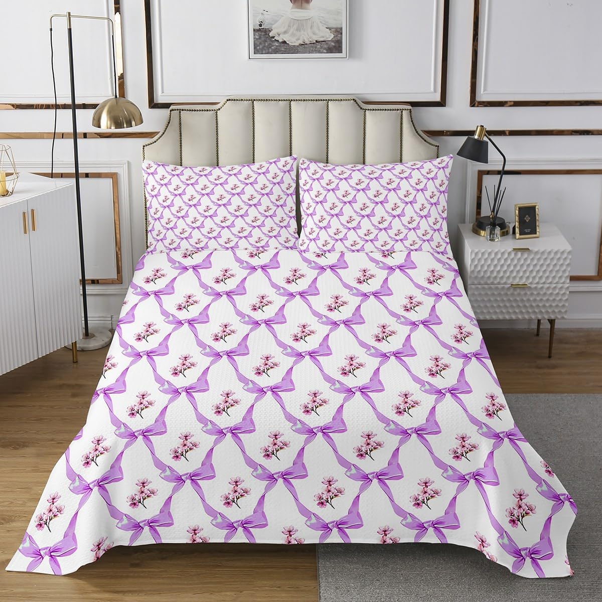 Erosebridal Purple Bow Tie Bedspread Set Kawaii Bowknot Quilt Set Queen,Dreamy Princess Style Ribbon Bow Knot Coverlet Set Rustic Flowers Quilted,Boho Floral Cute Dorm Decor