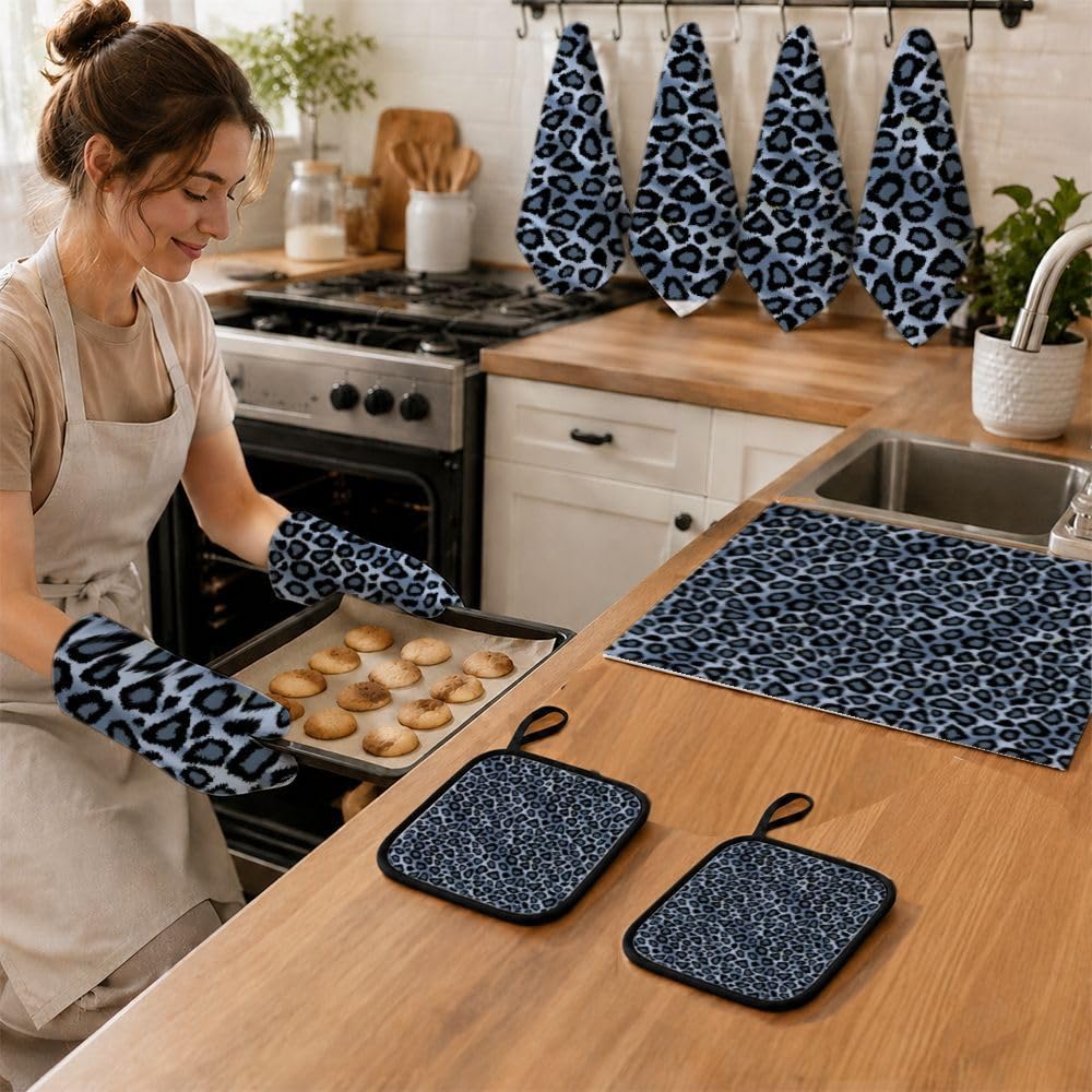 9PCS Blue Leopard Print2 Cucina Decor e Accessori Set