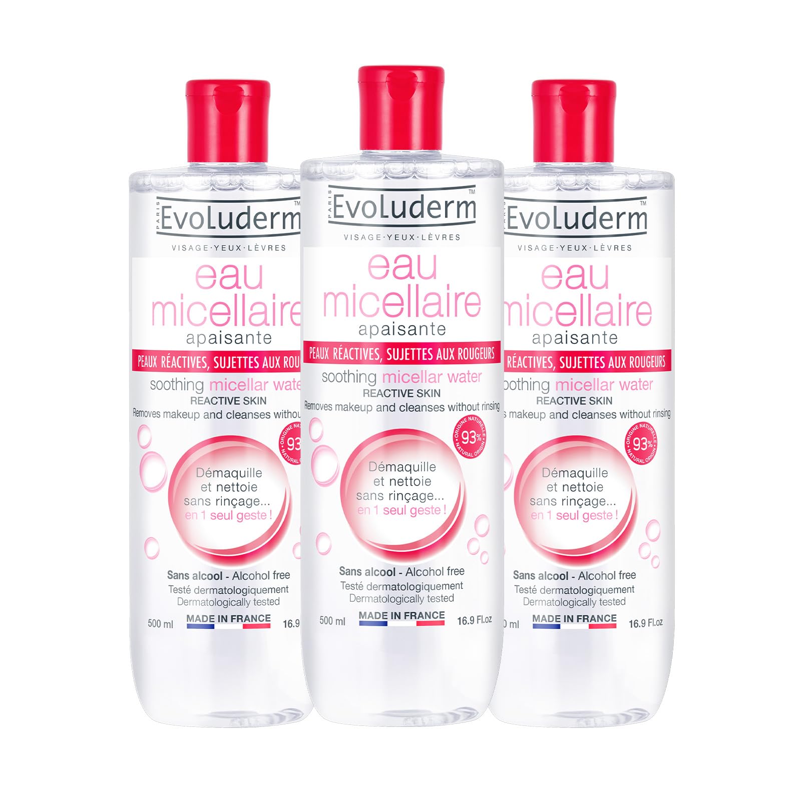 EVOLUDERM - Eau Micellaire Démaquillante Peaux Réactives, Sujettes Aux Rougeurs - 500 ml - 93% d'Origine Naturelle - Végan - Fabrication Française - Lot de 3 x 500 ml