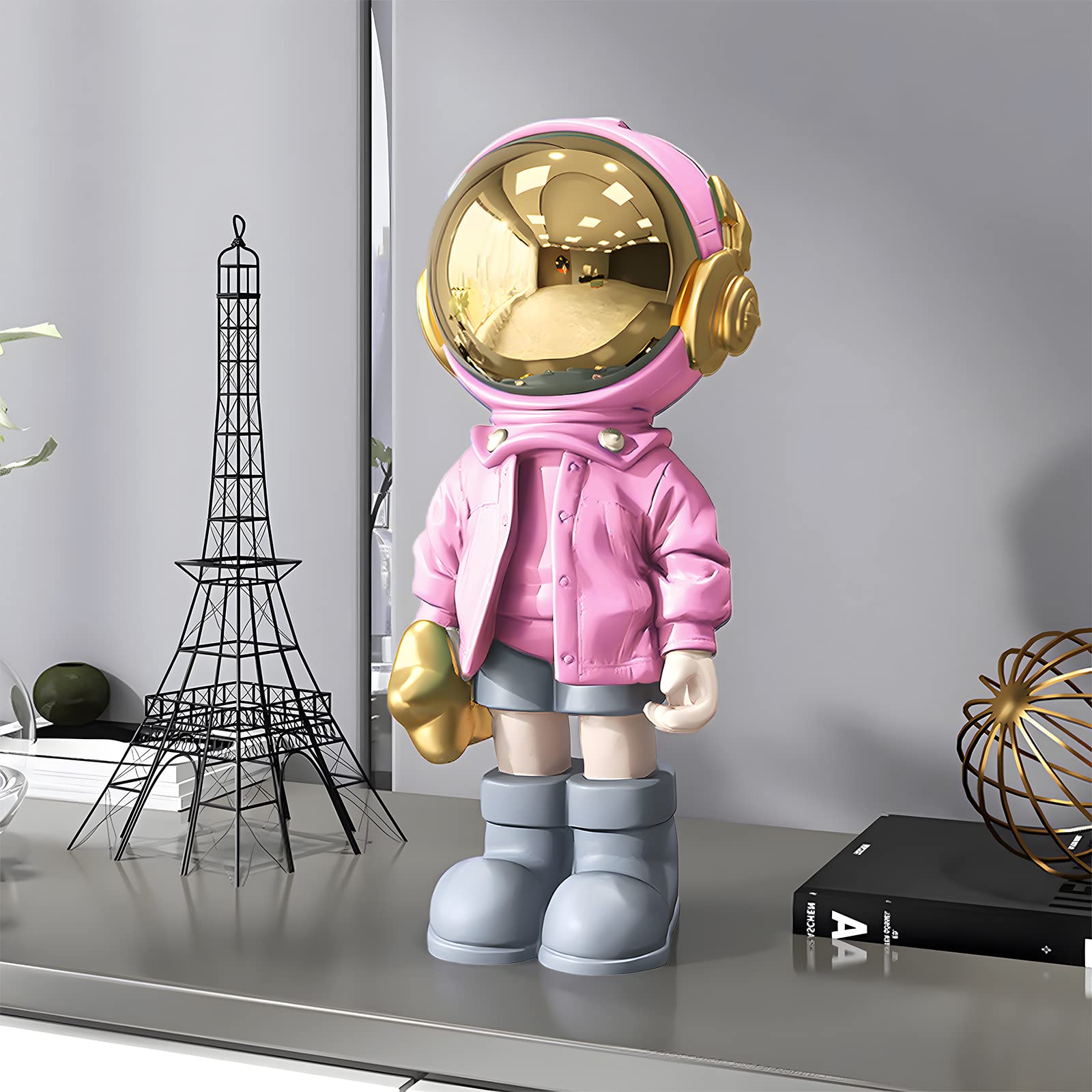 Estatua de estatua de astronauta, decoración de astronauta, escultura para decoración del hogar, decoración de estantes dorados y negros, decoración de mesa con máscara de metal, adorno de figura de a