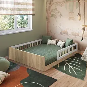Cama Casal Infantil de Chão Montessoriana para Menino e Menina com Grade de Proteção Lateral
