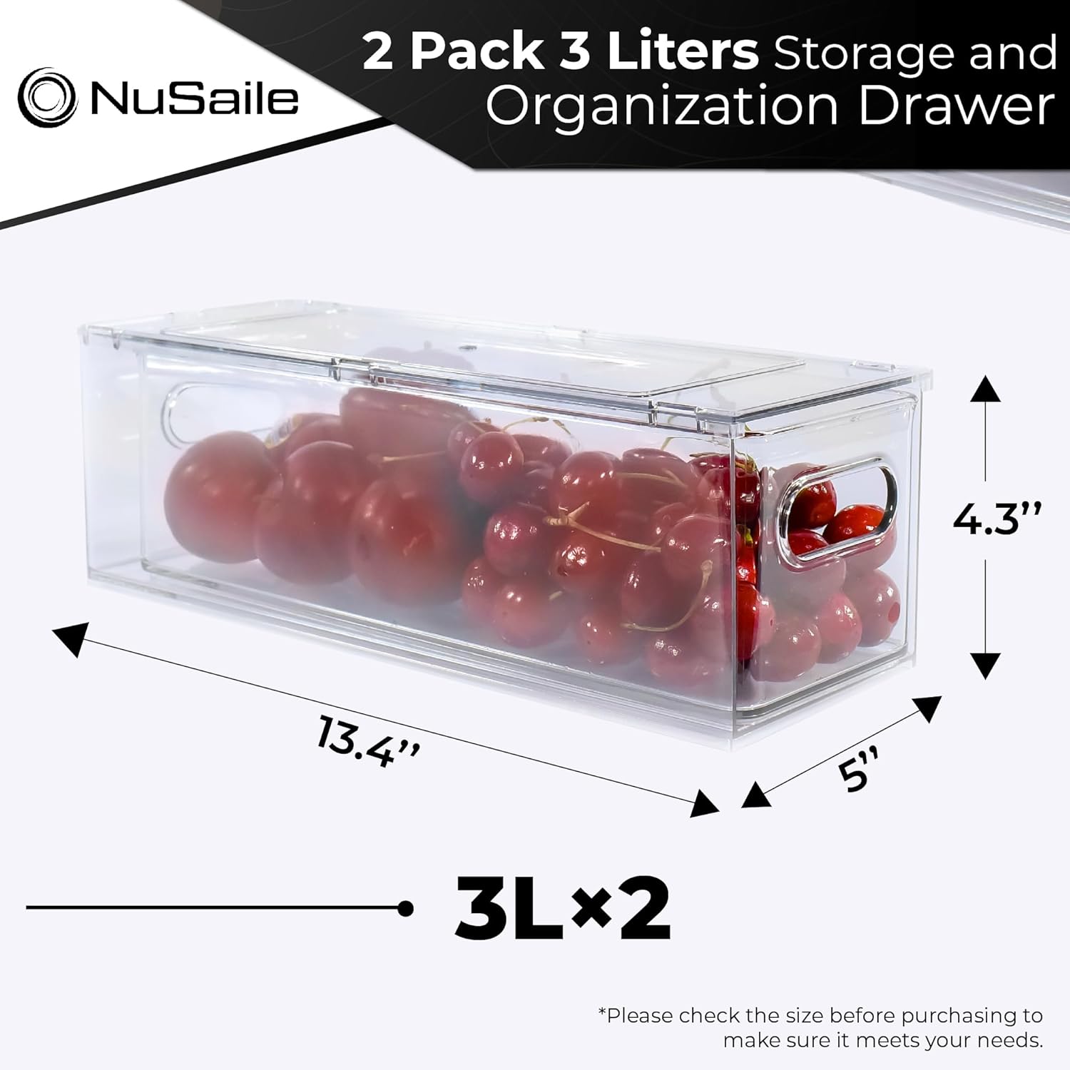 Stackable Refrigerator Organizer Bins Pull Out Drawers with Handles - Vegetable and Fruit Storage Containers for Fridge - 2 Pack 3 Liter Plastic Kitchen Food Storage Bins