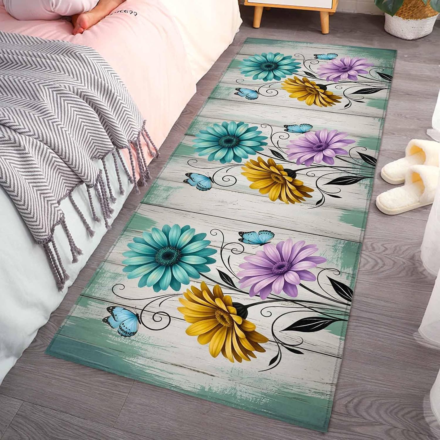 Teamery Kitchen Mats for Floor Farm Flower Daisy Retro Wood Barn Washable Non Slip Kitchen Rugs 1PCS, Blossom Flower Butterfly Absorbent Standing Mats for Sink Bathroom Office Living Room 23.6x70.9in