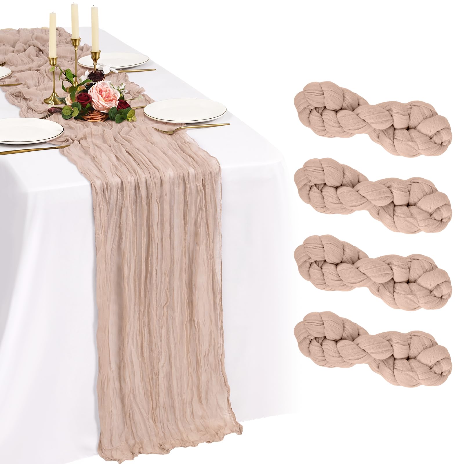 Showgeous 4 Pack Dusty Pink Cheesecloth Table Runner 10FT Boho Gauze Cheese Cloth Table Runners 35 x 120 inch Romantic Rustic Sheer Table Decorations for Wedding Party Baby Shower Birthday Holiday