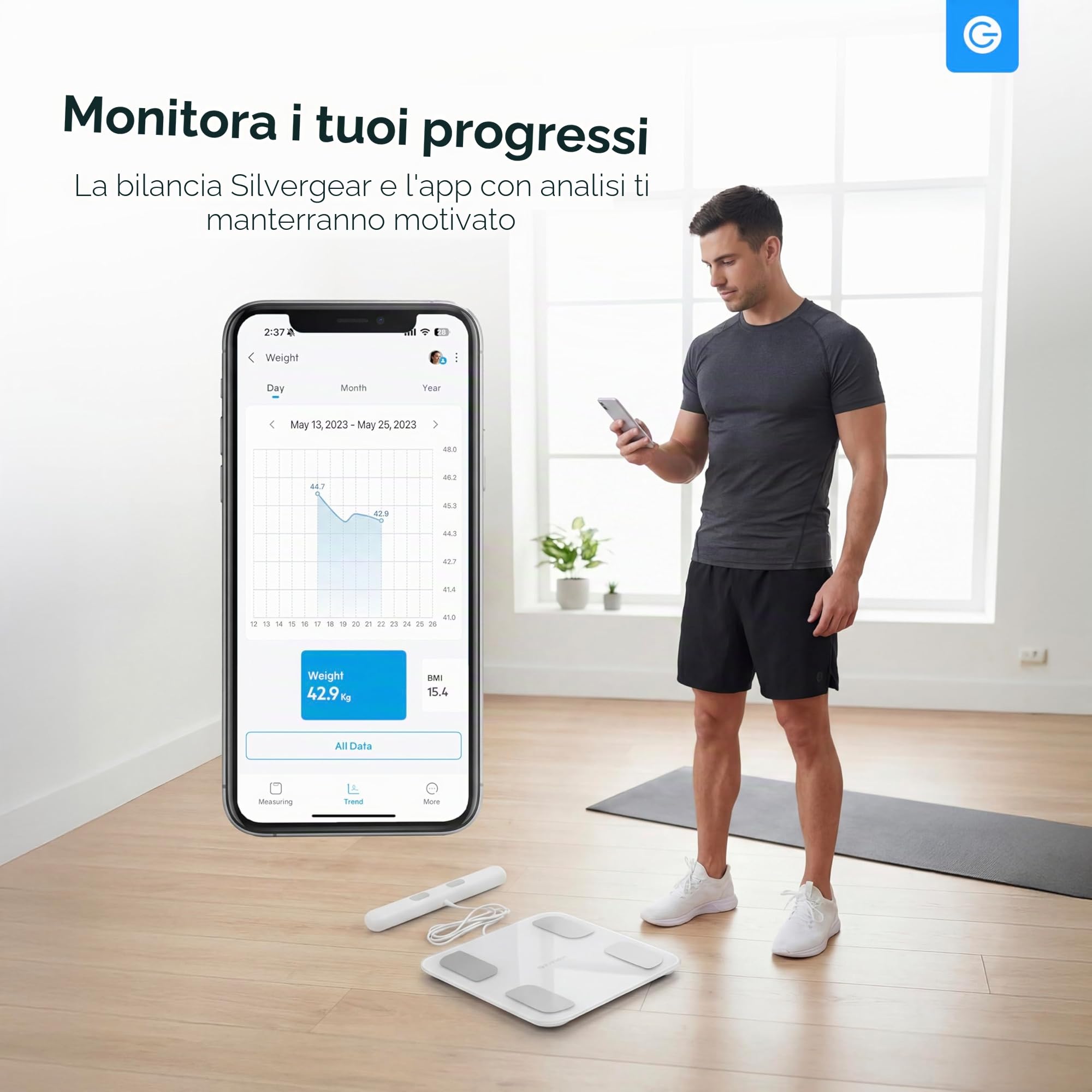 Silvergear® Bilancia Pesapersone PRO | Bilancia Impedenziometrica Bluetooth con APP | Bilancia Digitale Professionale con Grasso Corporeo, Massa Muscolare, BMI, Peso Osseo, BMR e Frequenza Ca