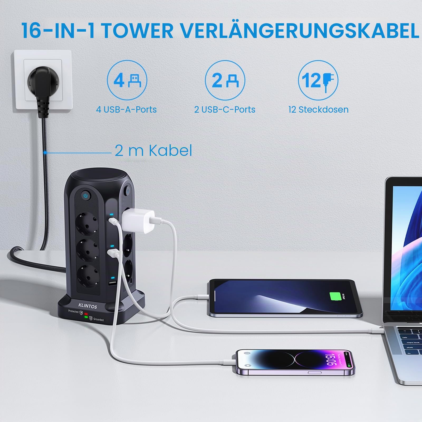 12 Fach Steckdosenleiste mit Schalter, 6 USB Mehrfachsteckdose Überspannungsschutz, Steckerleiste mit 2M Verlängerungskabel, Steckdosenturm Mehrfachstecker für Zuhause,Büro,Küche