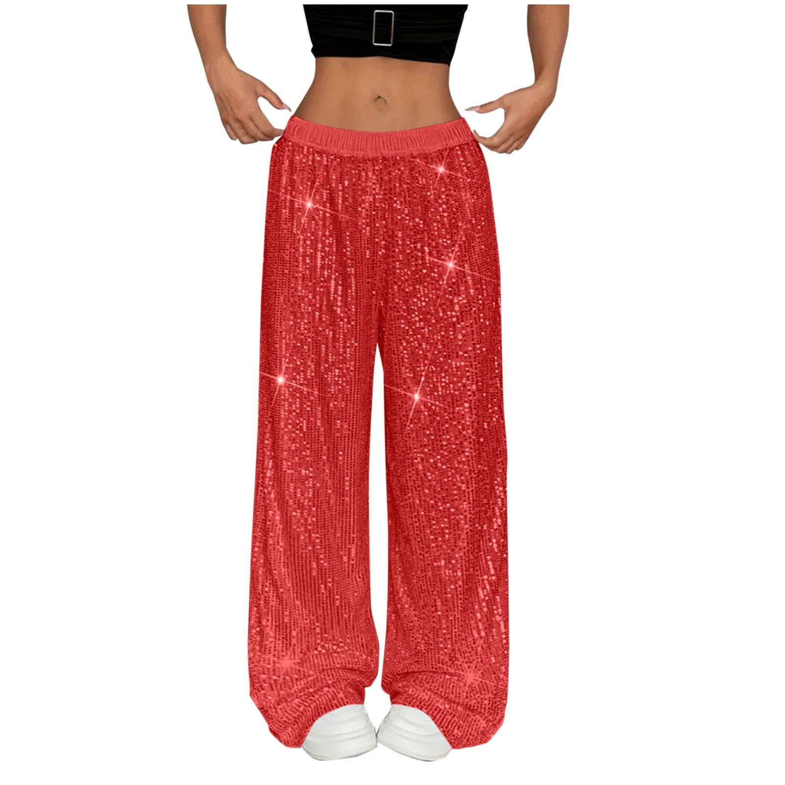 Cocila Womens Sparkly Sequin Pants Y2K Glitter High Waisted Wide Leg Long Pants Bling Party Clubwear 70s Disco Flare Trousers Party, Hip hop Casual Loose Dancewear Red S