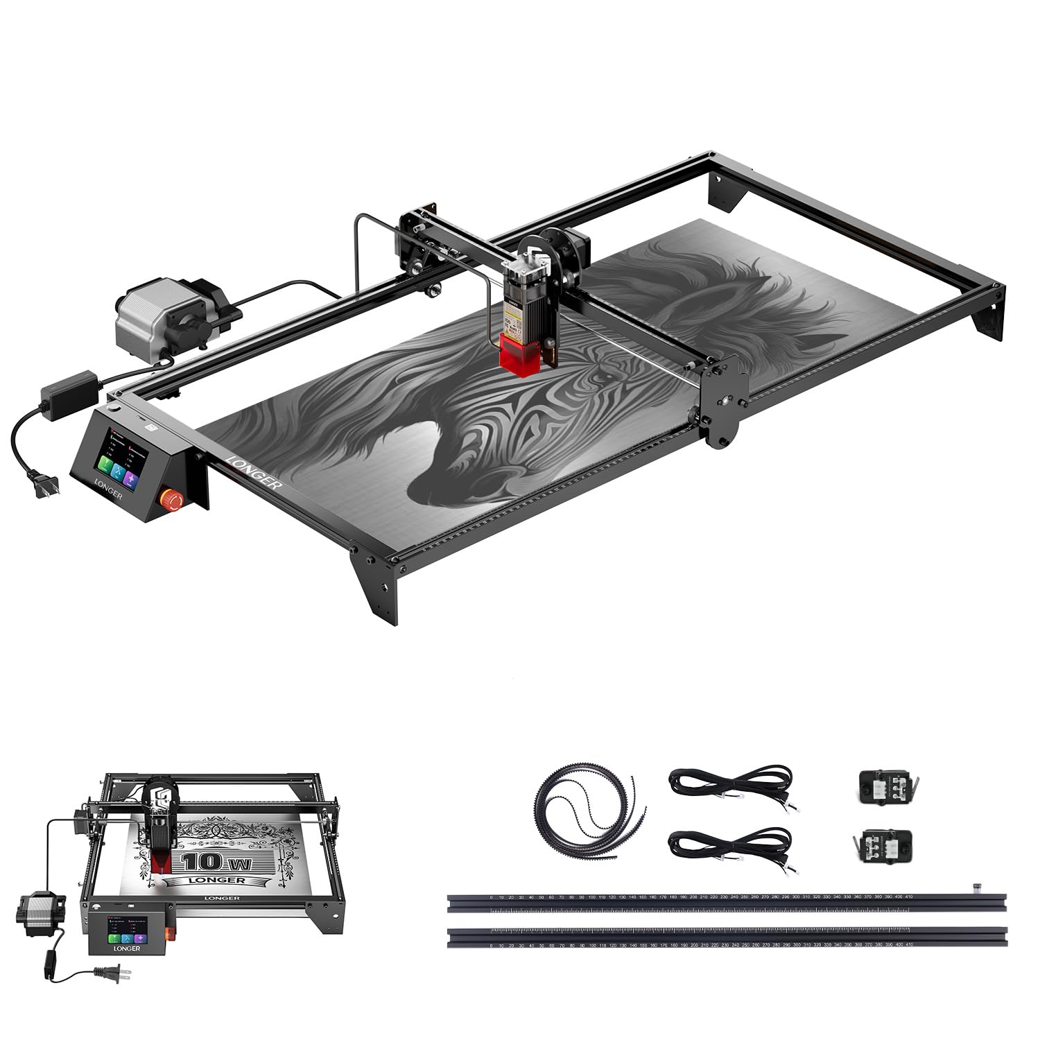 LongerRAY5 10W Laser Engraver with Air Pump, Limit Switch Kit and Y-Axis Extension Kit, Expand Working Area to 33.46" x 15.75", 3.5” Color Touch Screen, DIY Engraver Tool for Metal/Glass/Wood