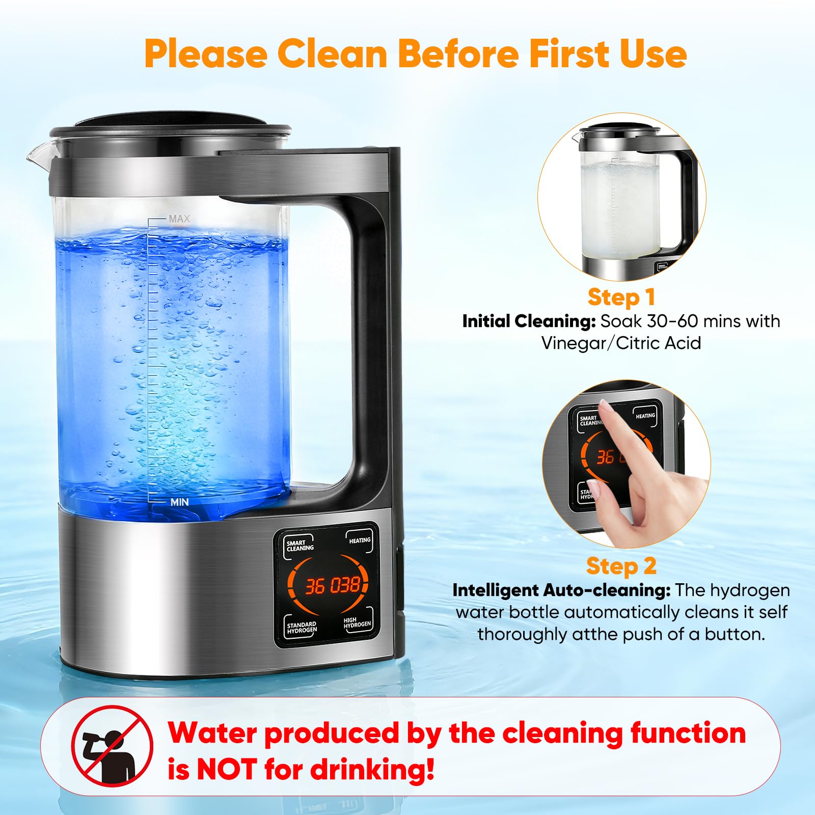 Generador de Agua Hidrogenada 2L Portátil Botella de Agua Rica en Hidrógeno con Calentamiento PTC Pantalla Táctil LED Digital Termostato para Hogar Oficina