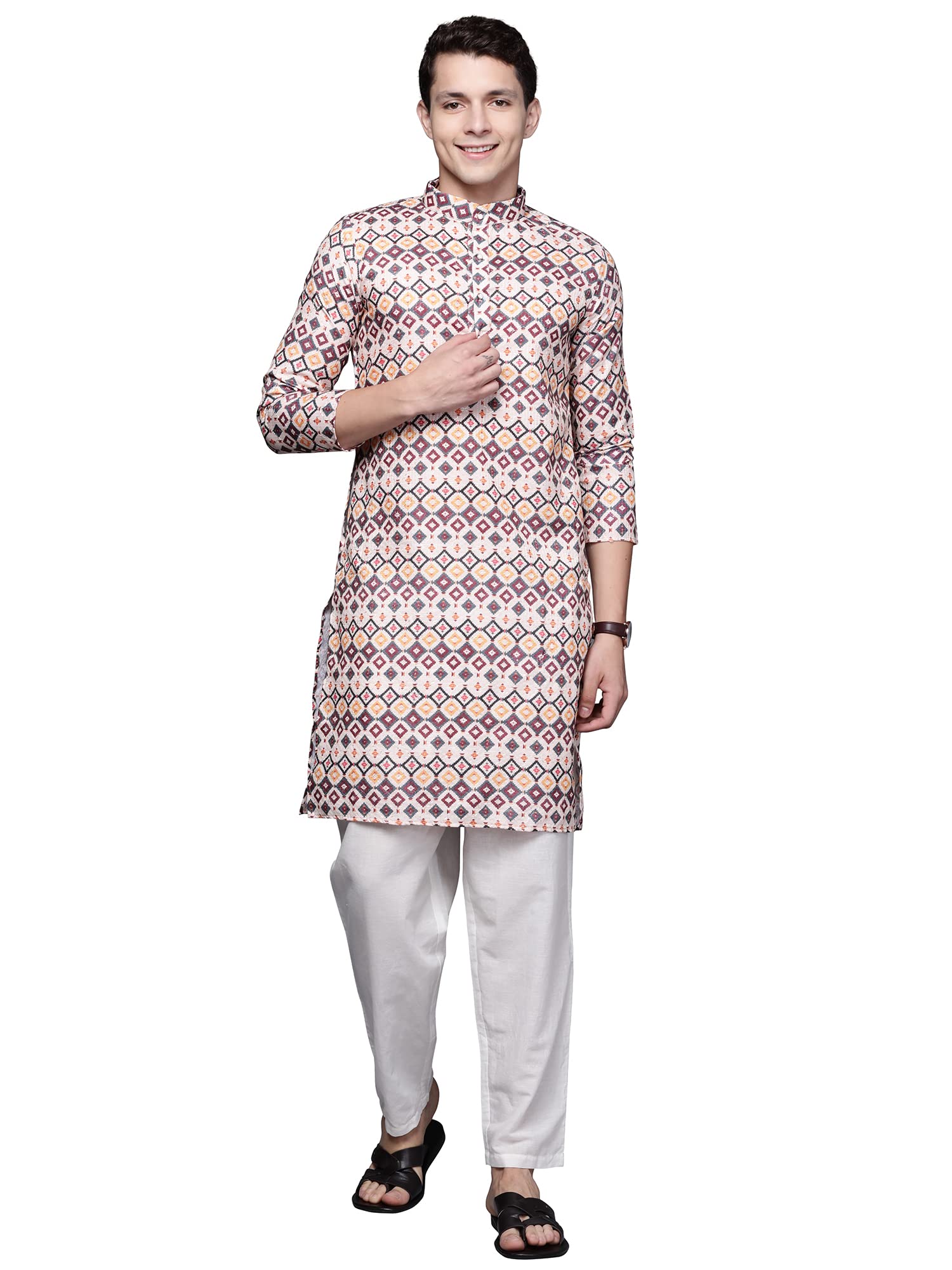 Indo Era Men's Cotton Printed Festive Straight Long Kurta (MKT0ML1222_Multicolored_Ready to Wear_S to 2XL-Size) in multi