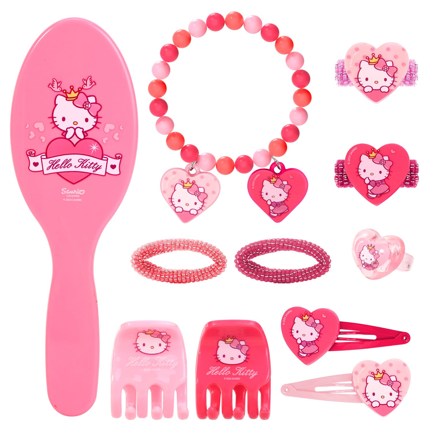 Hello Kitty 11pcs Girls Kids Hair Accessories Clips Comb Bands and Beauty Set, Multicolour, 23.5 cm x 18.5 cm