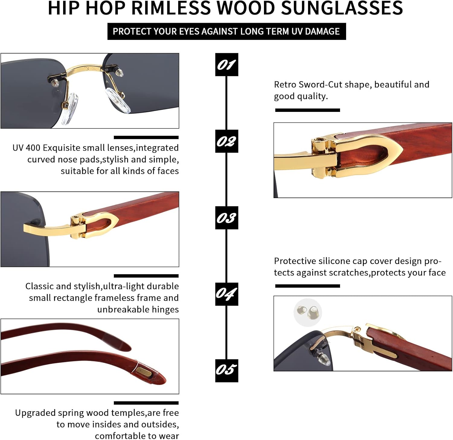 Dollger Rimless Rectangle Sunglasses for Men Women Hip-hop Wood Small Square Sunglasses Frameless 70s 90s Shades - Image 6