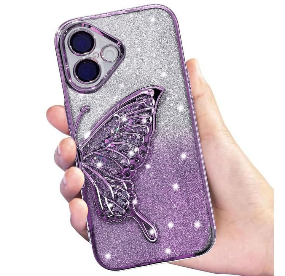 Image of mobistyle Designed for iPhone 16 Plus Cover | Glitter Cute Butterfly | Electroplate Plating Design | Back Cover Case for Women Teen Girls [ Silicone | Purple]