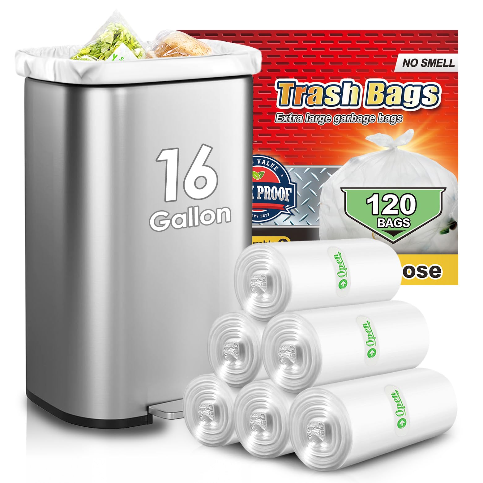 16 Gallon 120 Count Tall Kitchen Trash Bags 13 Gal 15 Gal 16 Gal fit 50-60 liter Garbage Bags by Teivio, Waste Basket Bags,Bathroom Trash Can Bin Liners, Plastic Bags for home office kitchen, Clear